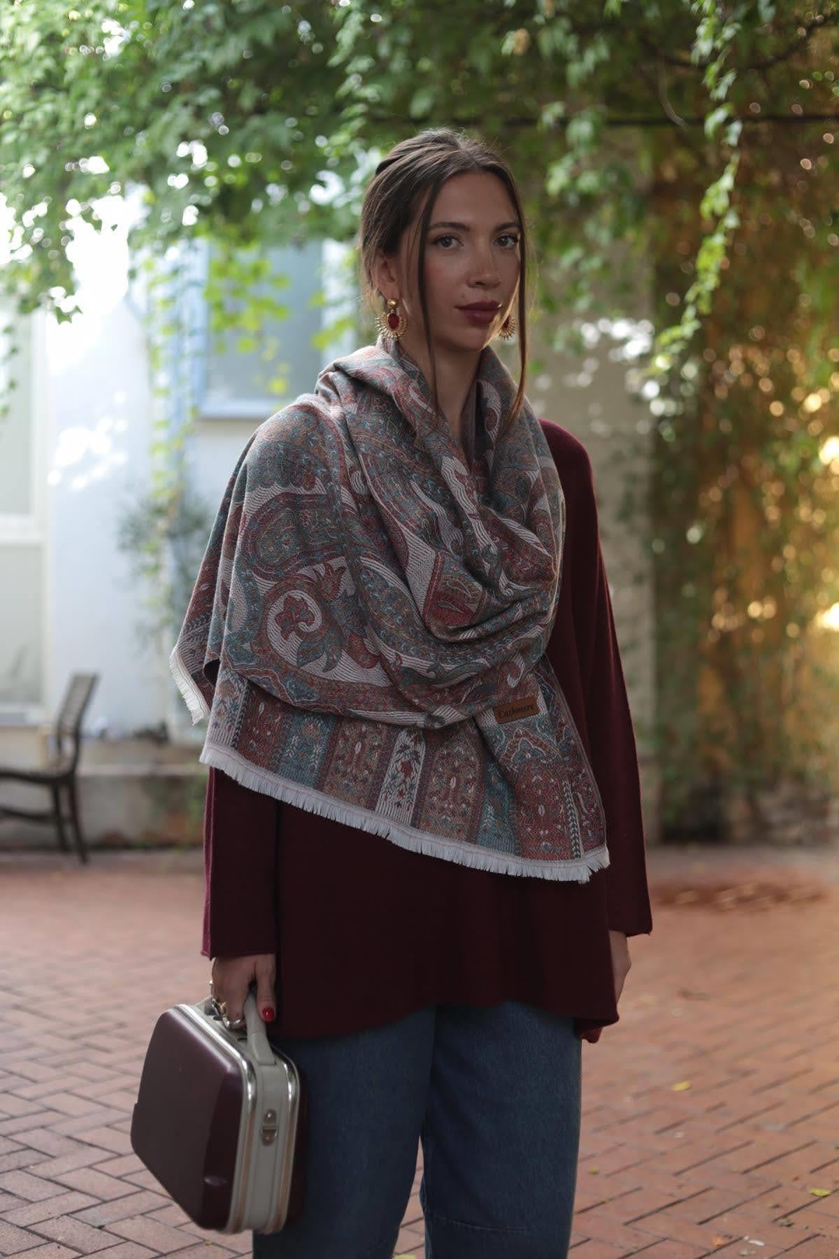 Petrol Yeşili Otantik Desenli Kaşmir Şal