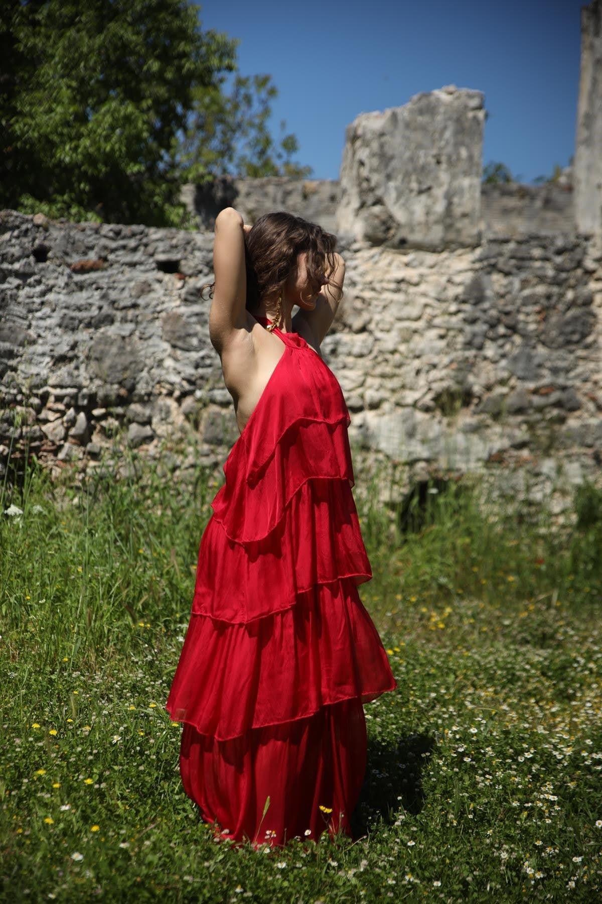 Fuşya Halter Yaka Kat Kat İpek Elbise