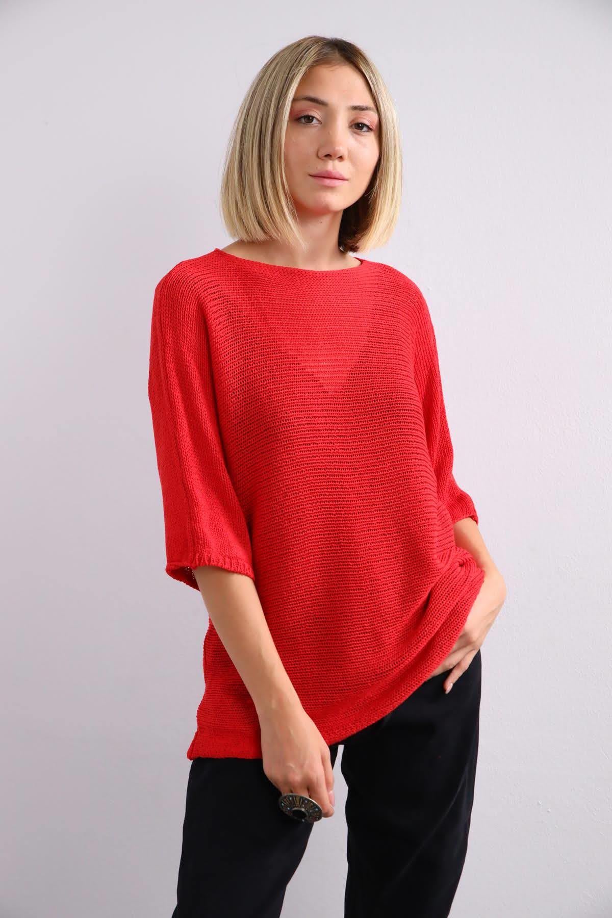 Kırmızı Kayık Yaka Fakir Kol Merserize - Şaman Butik Kırmızı Kayık Yaka Fakir Kol Merserize