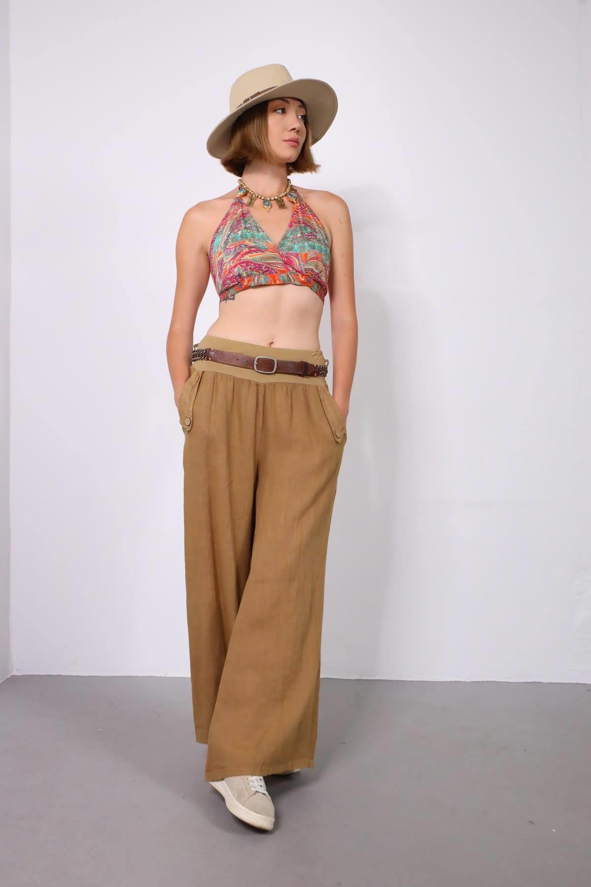  Camel Rengi Cebi Tek Düğmeli Salaş Keten Pantolon