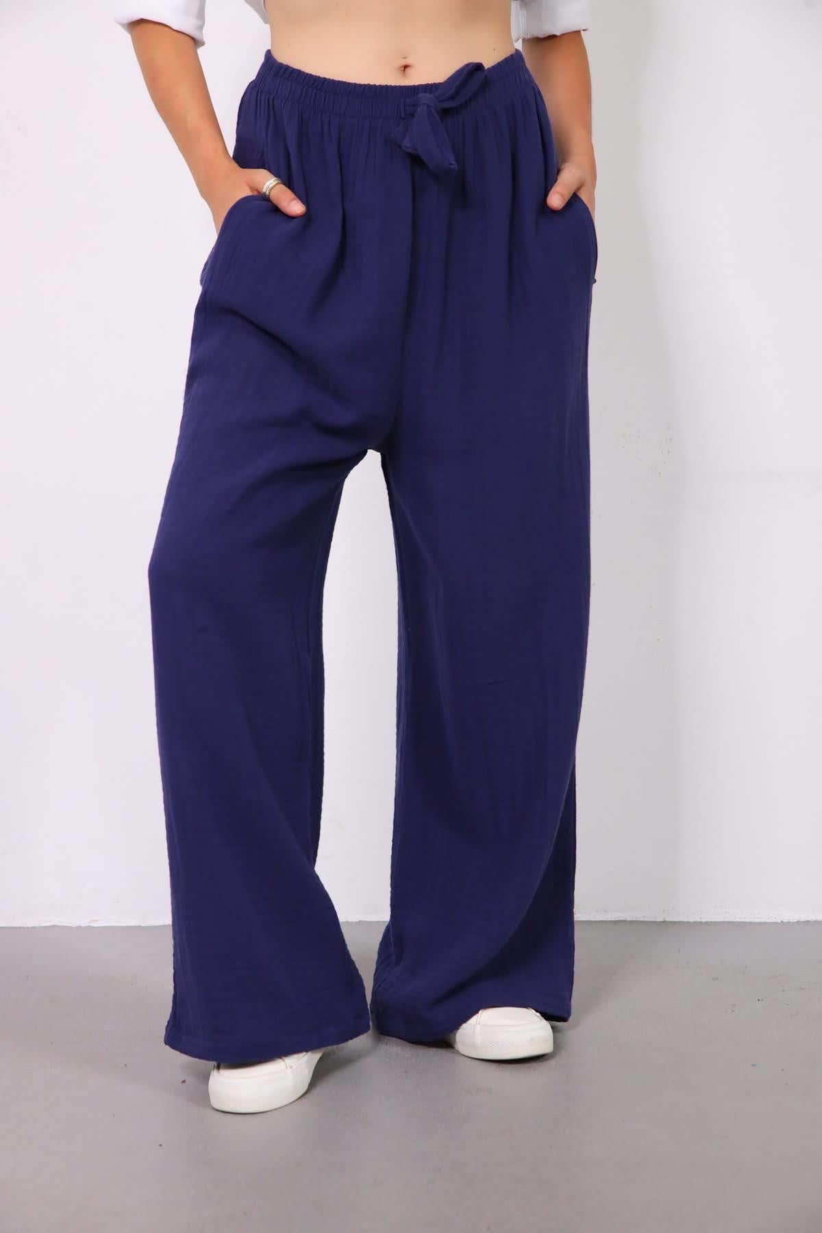 Lacivert Beli Lastikli İp Detaylı Müslin Pantolon - Şaman Butik Lacivert Beli Lastikli İp Detaylı Müslin Pantolon