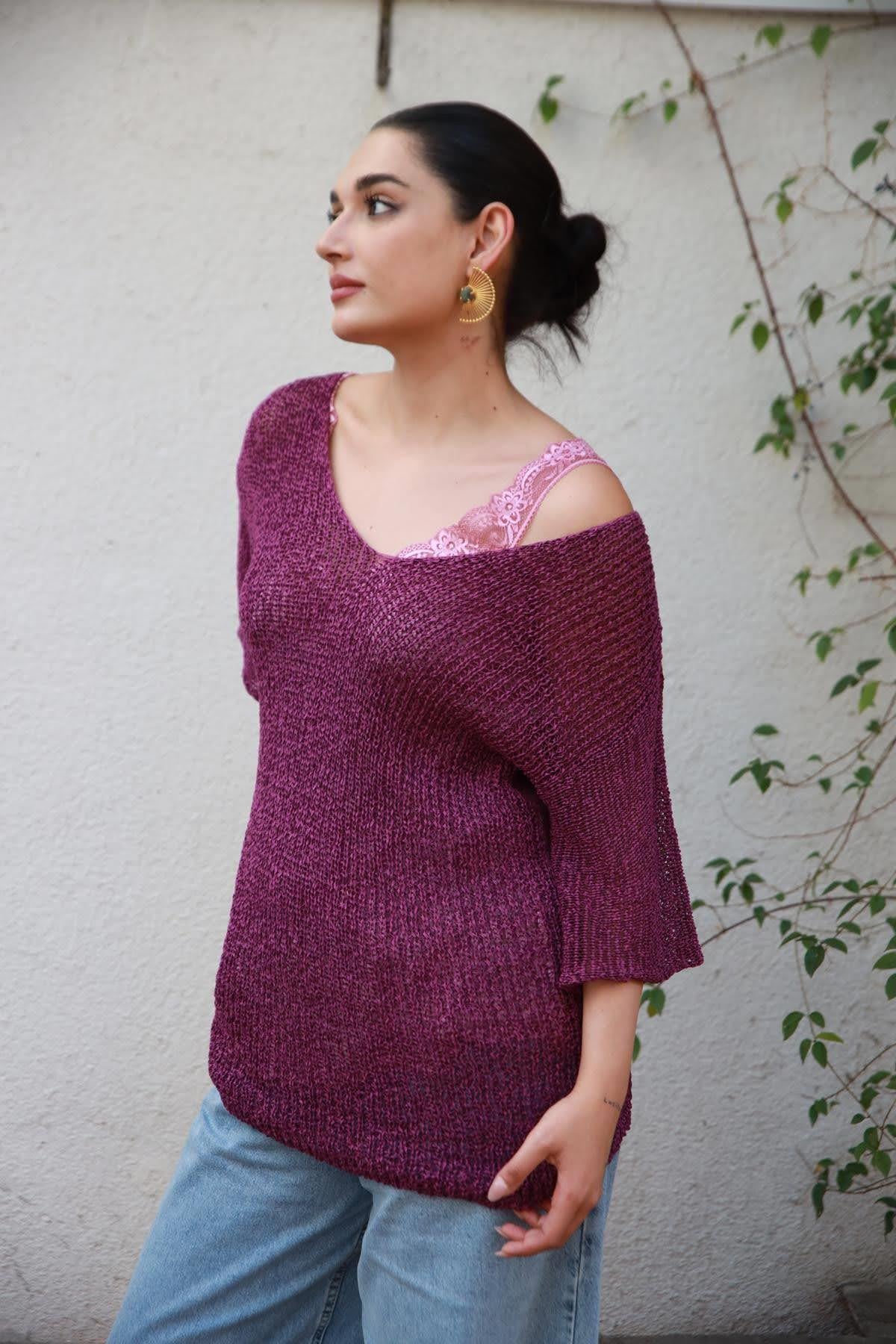 Mürdüm Rengi Yetim Kol V Yaka Merserize Bluz