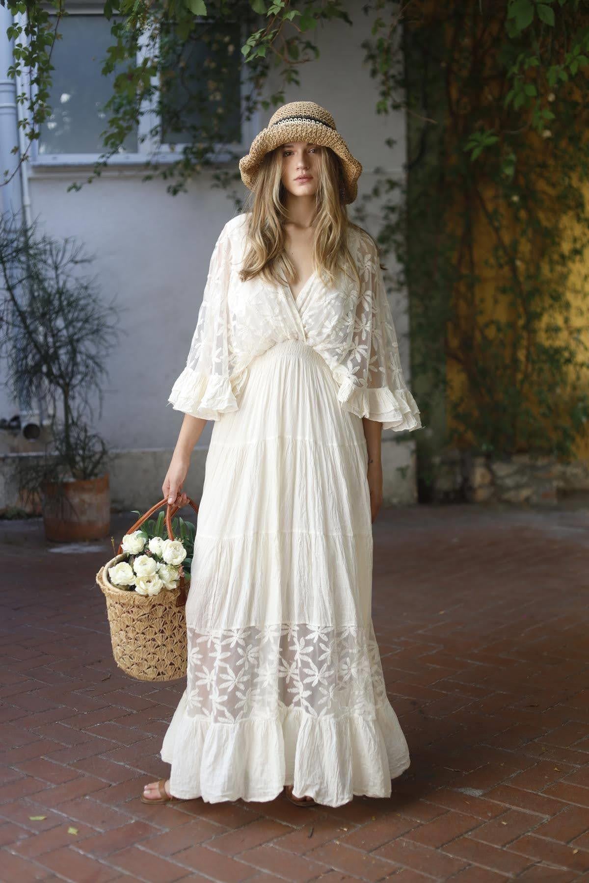 Ekru Güpür Detaylı Bohem Elbise