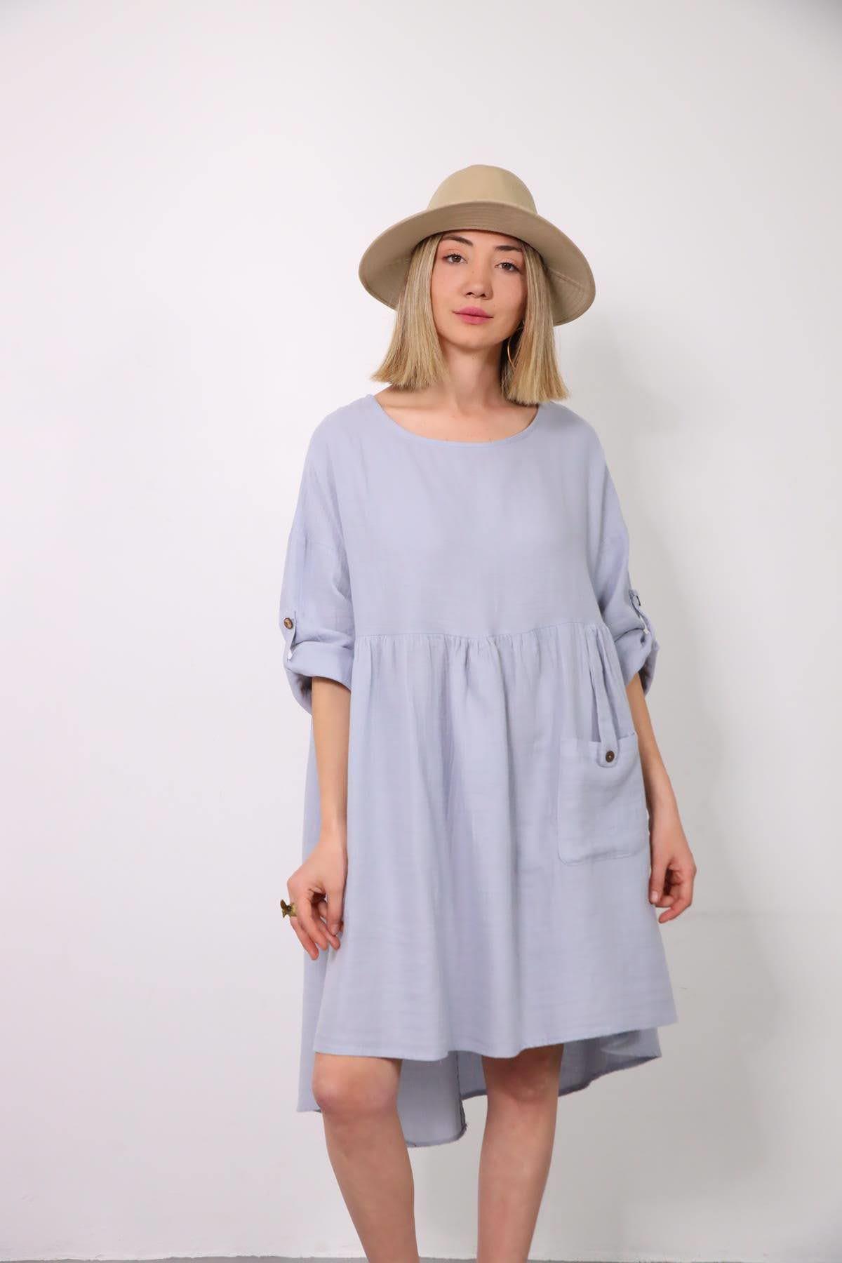 Buz Mavisi Tek Cepli Kolu Apoletli Müslin Elbise - Şaman Butik Buz Mavisi Tek Cepli Kolu Apoletli Müslin Elbise