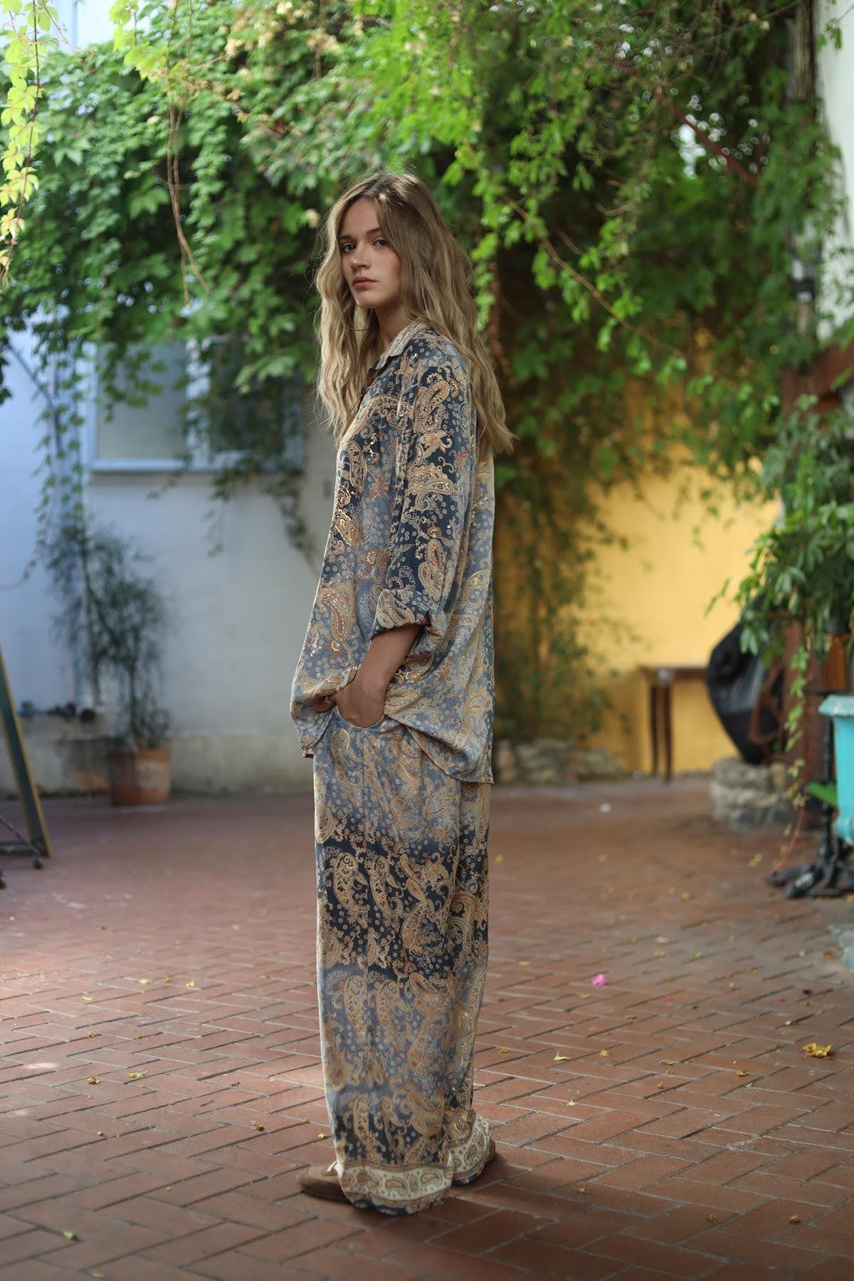 Gray Authentic Patterned Silk Shirt and Pants Set