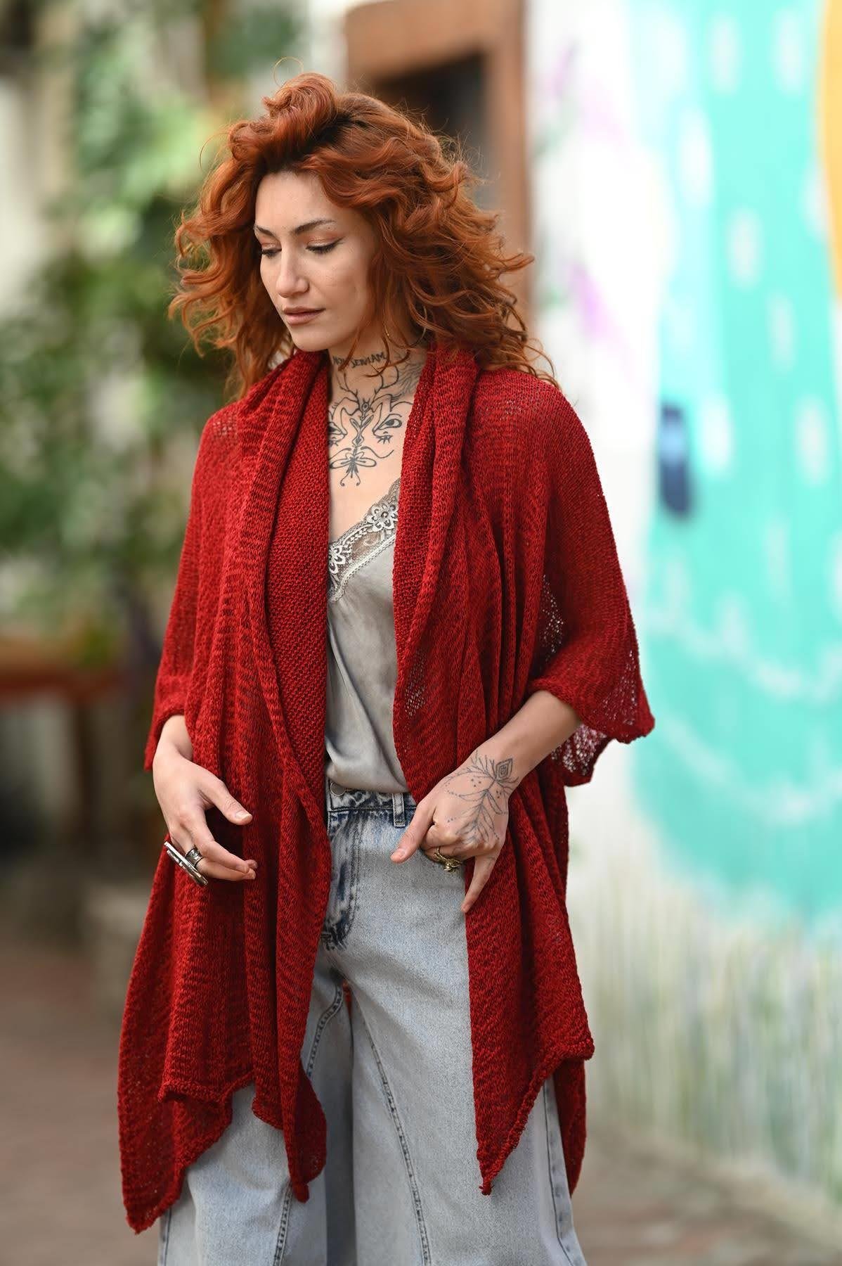 Red Mercerized Hoodie Cardigan