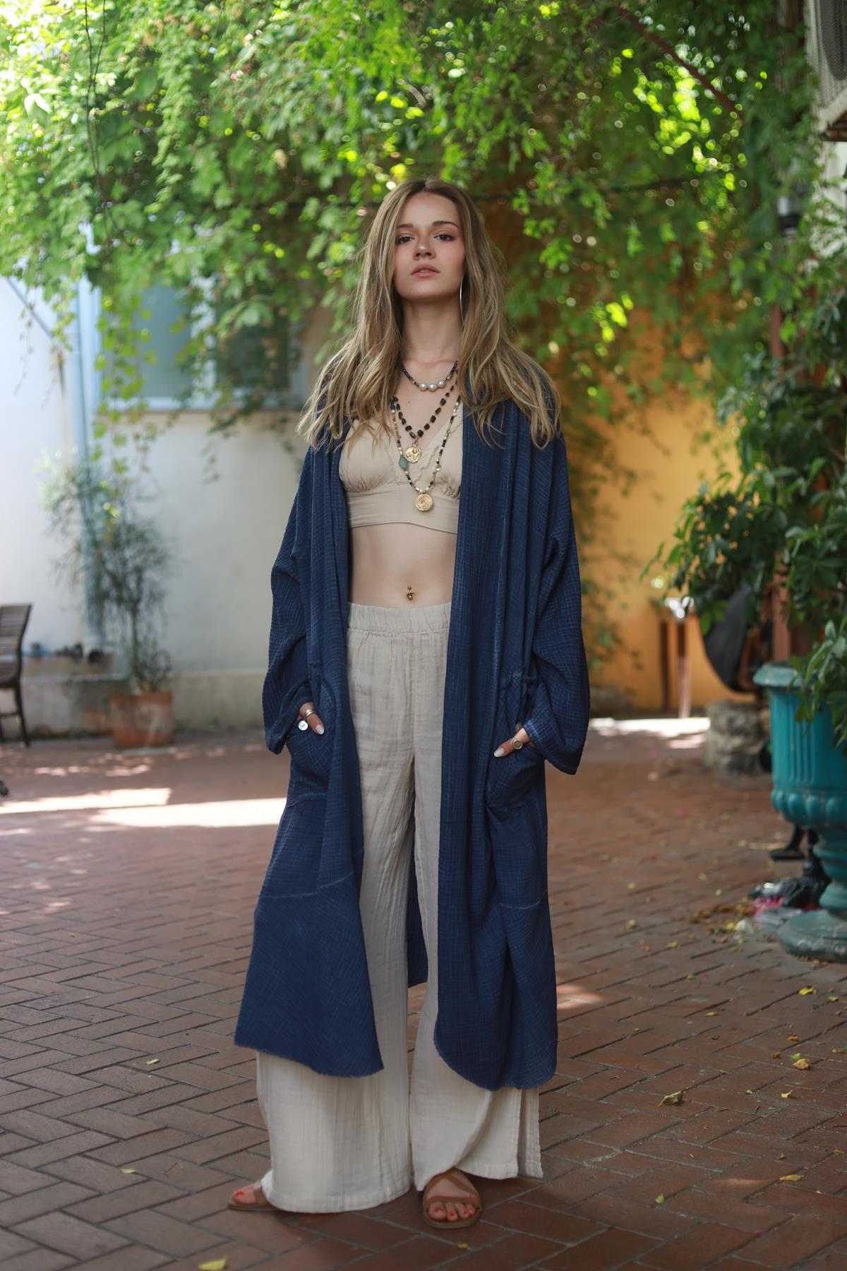 Lacivert Cebi Püskül Detaylı Yıkama Müslin Kaftan