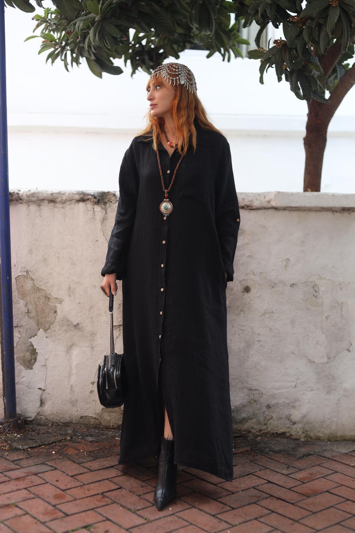 Siyah Tek Cepli Keten Gömlek Elbise