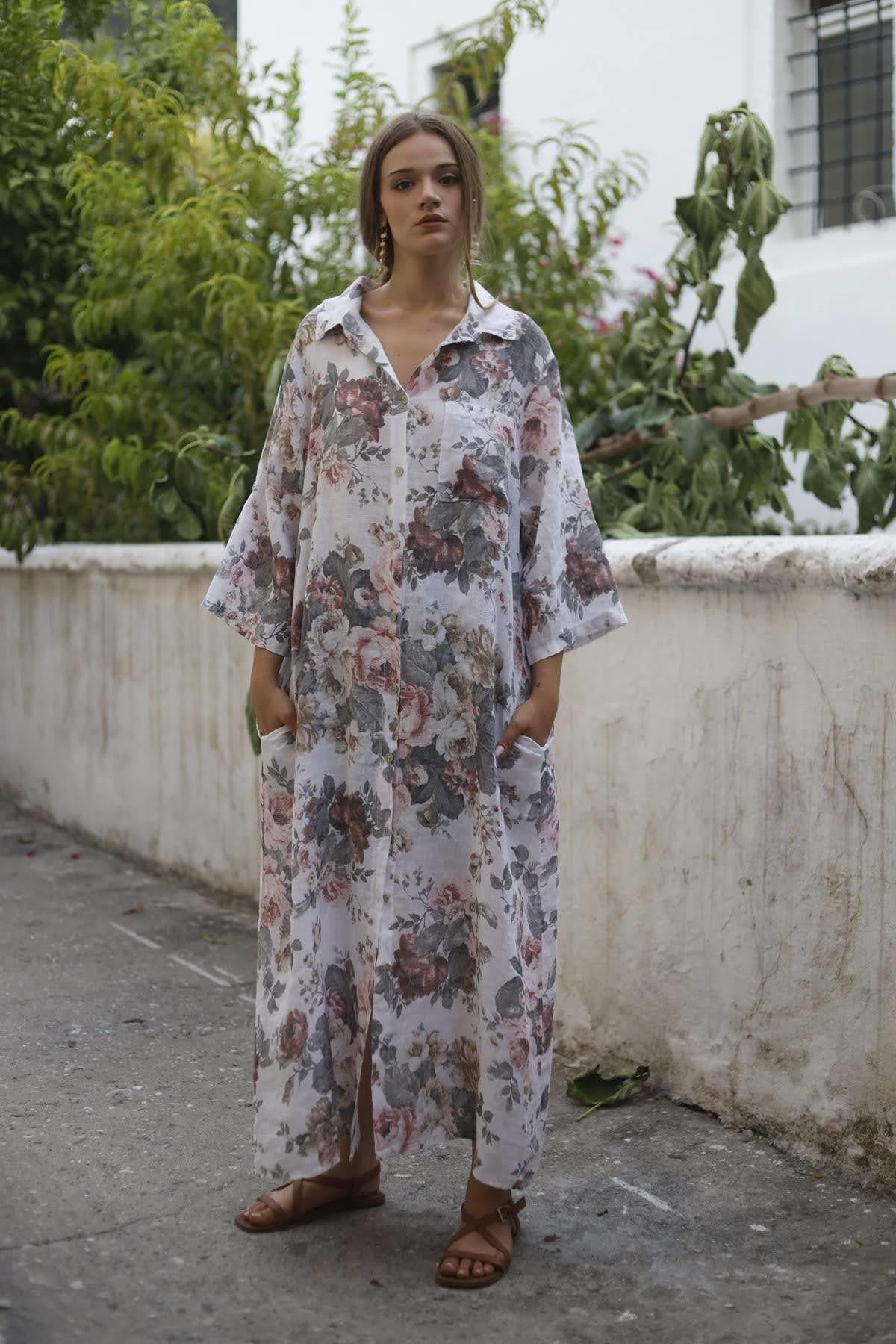 Beyaz Çiçek Desenli Önü Düğmeli Keten Elbise