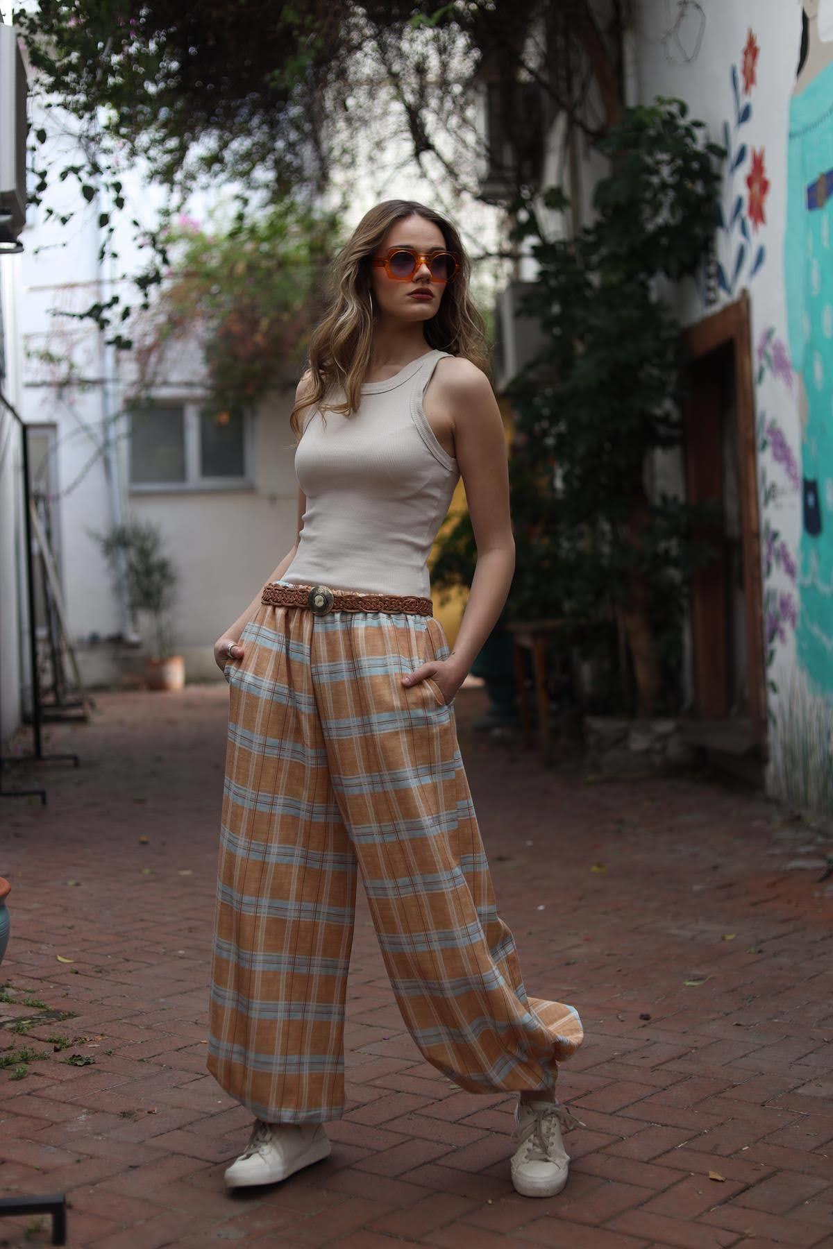 Hardal Rengi Ekose Keten Pantolon