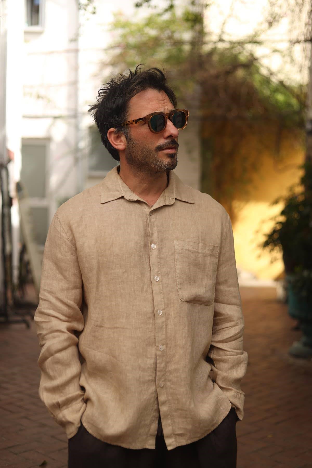 Camel Rengi Cepli Erkek Keten Gömlek