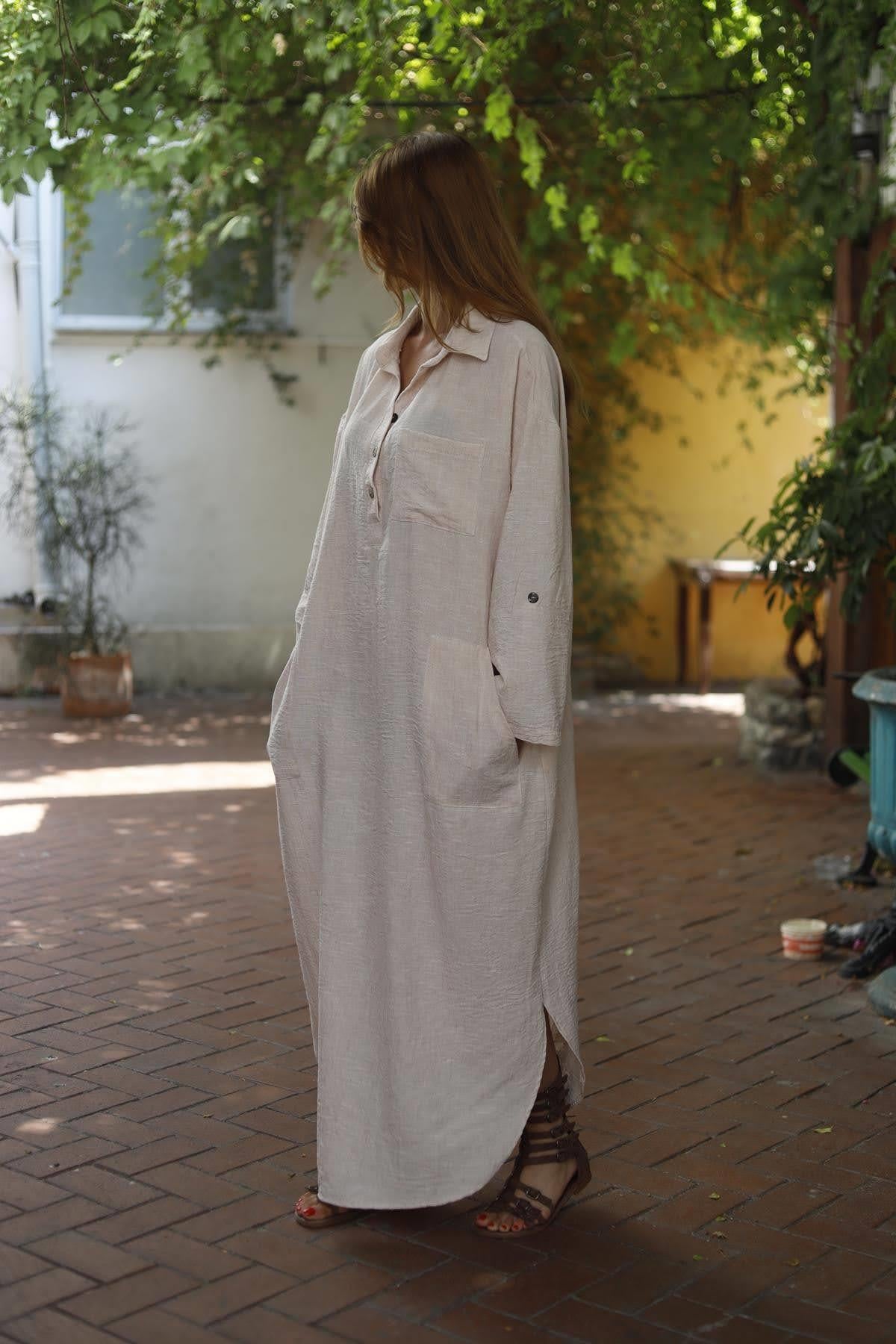 Pudra Pembe Gömlek Yaka Salaş Keten Elbise