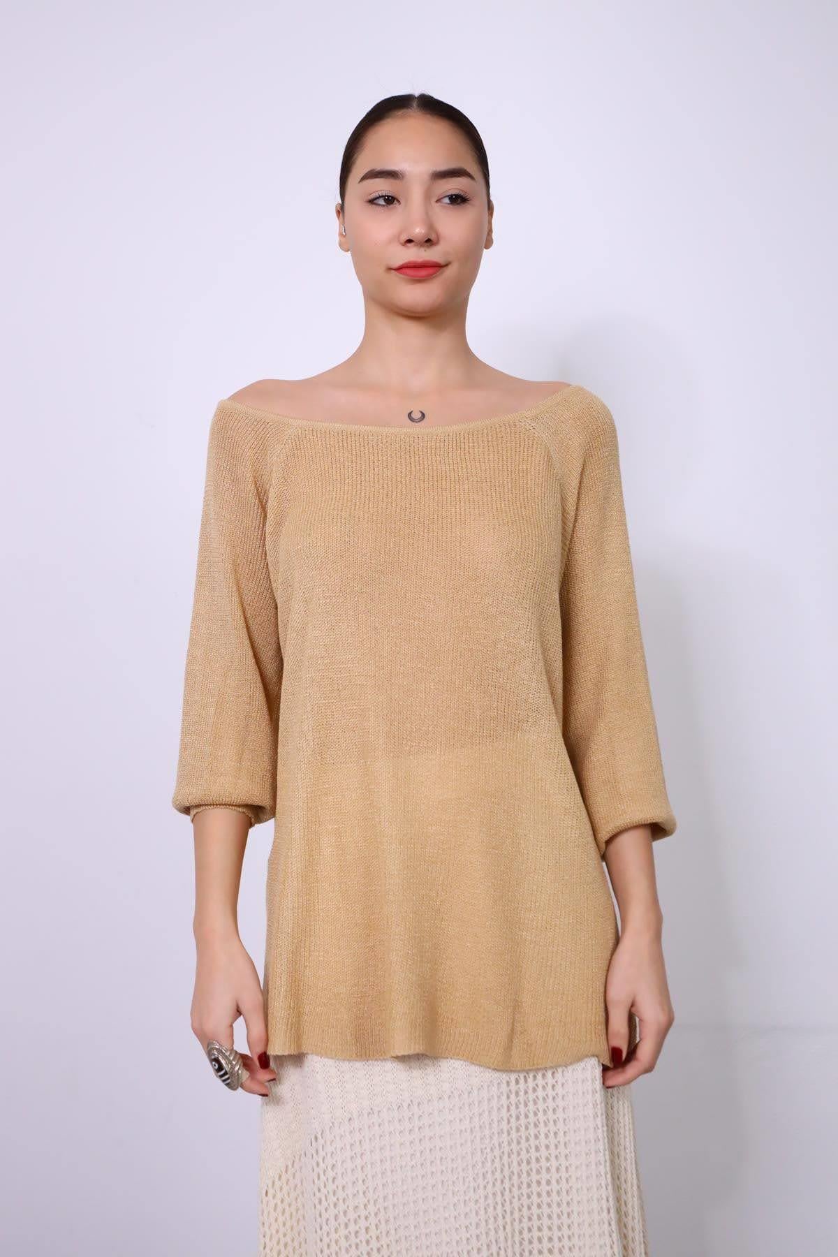 Camel Rengi Ribanalı Kayık Yaka Merserize Bluz - Şaman Butik Camel Rengi Ribanalı Kayık Yaka Merserize Bluz