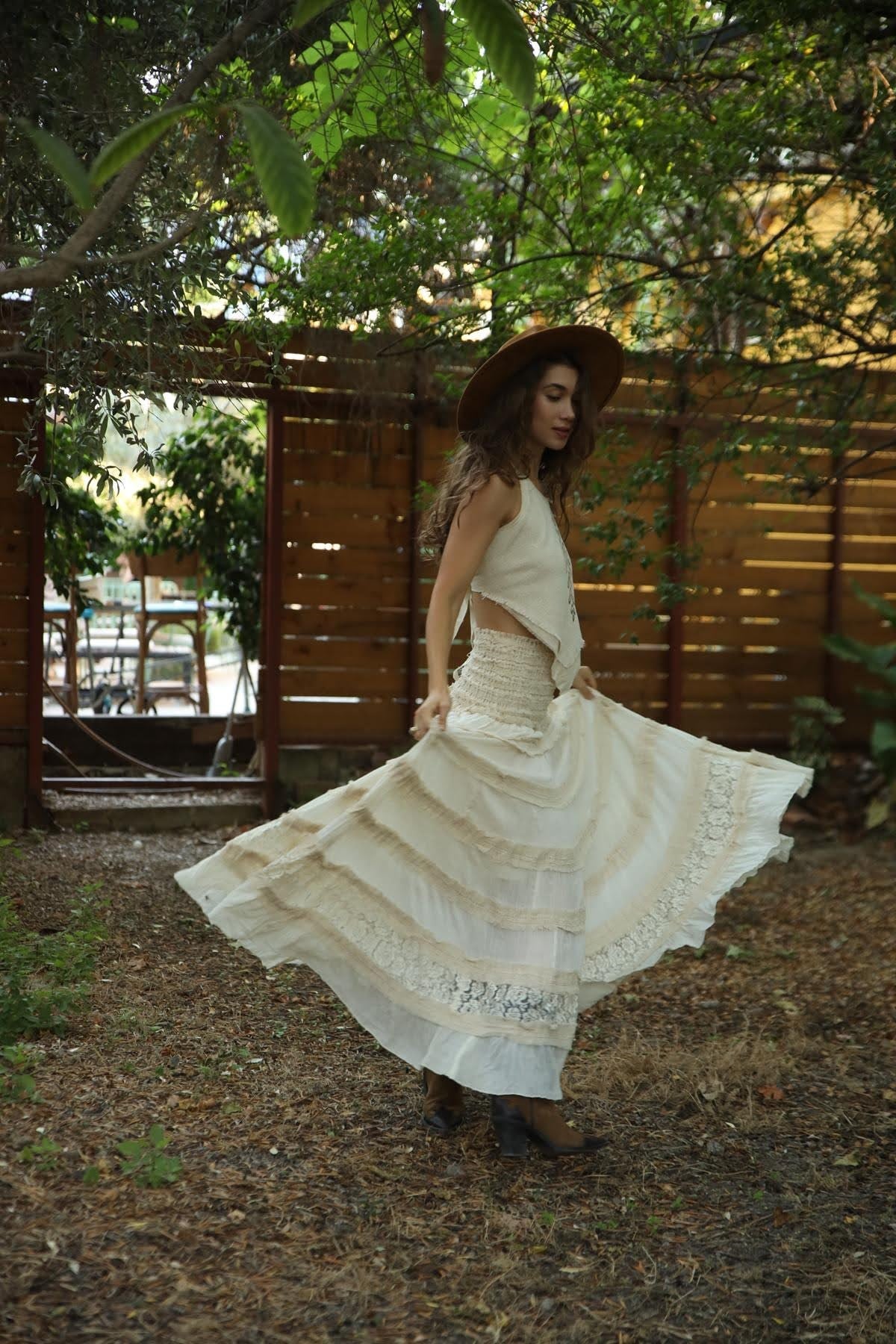 Ecru Lace Detail Gimped Waist Bohemian Skirt