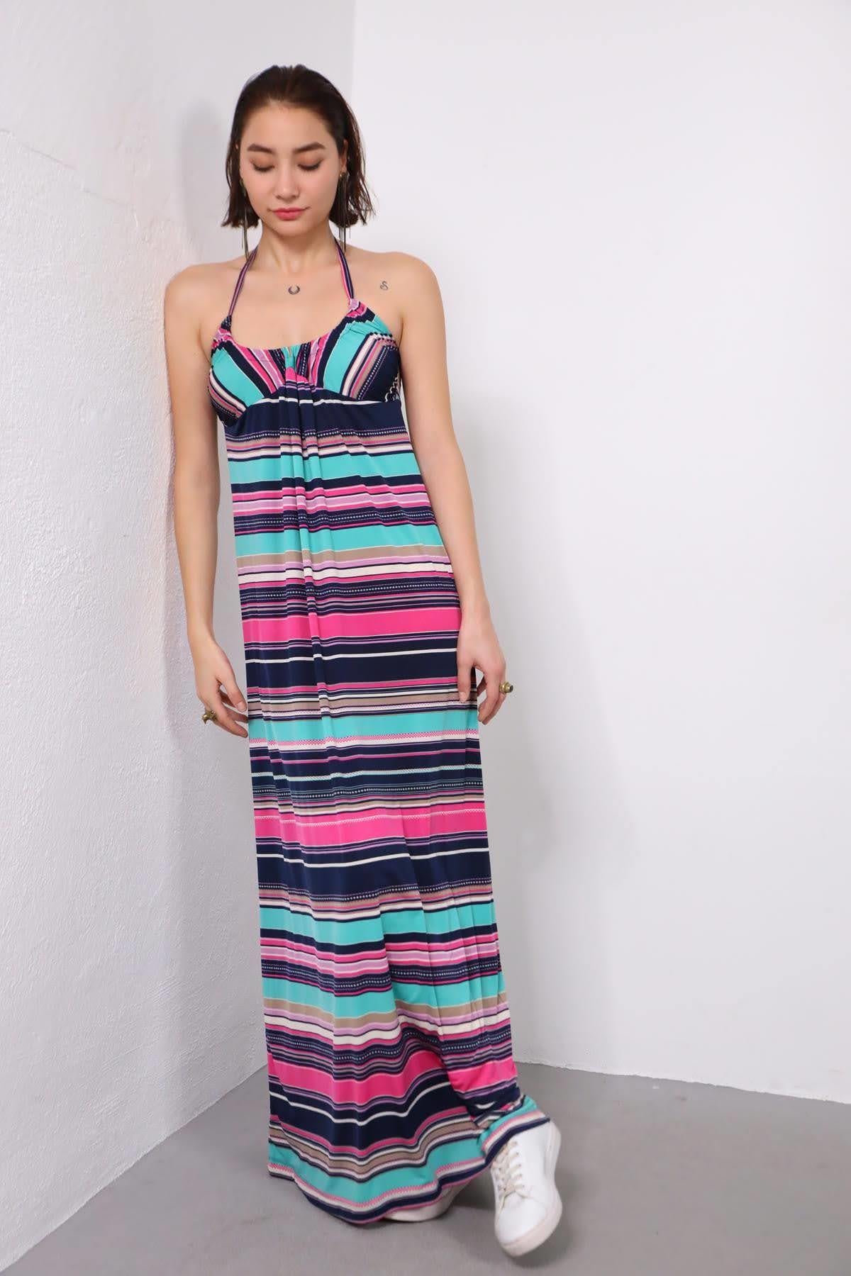 Renkli Çizgili Boyundan Askılı Jarse Elbise - Şaman Butik Renkli Çizgili Boyundan Askılı Jarse Elbise