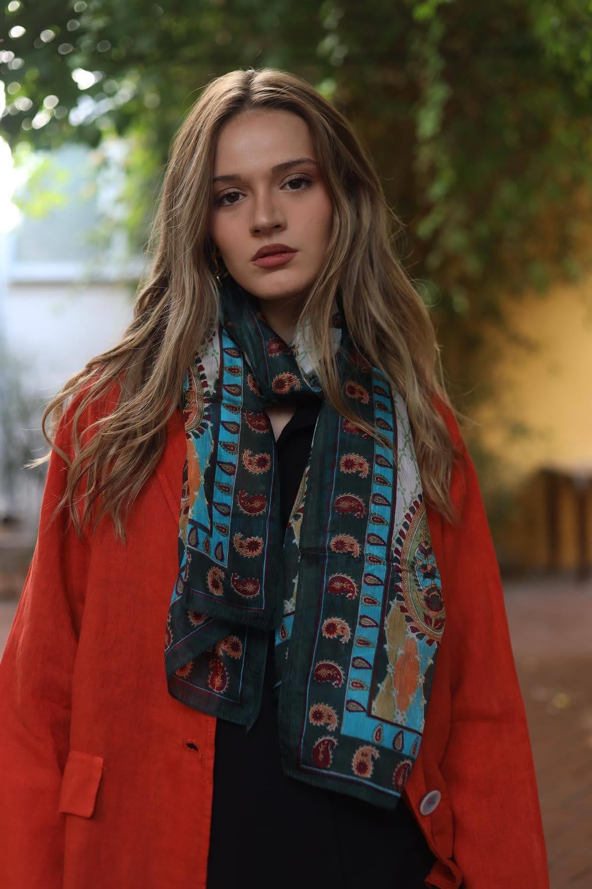 Emerald Green Patterned Silk Shawl