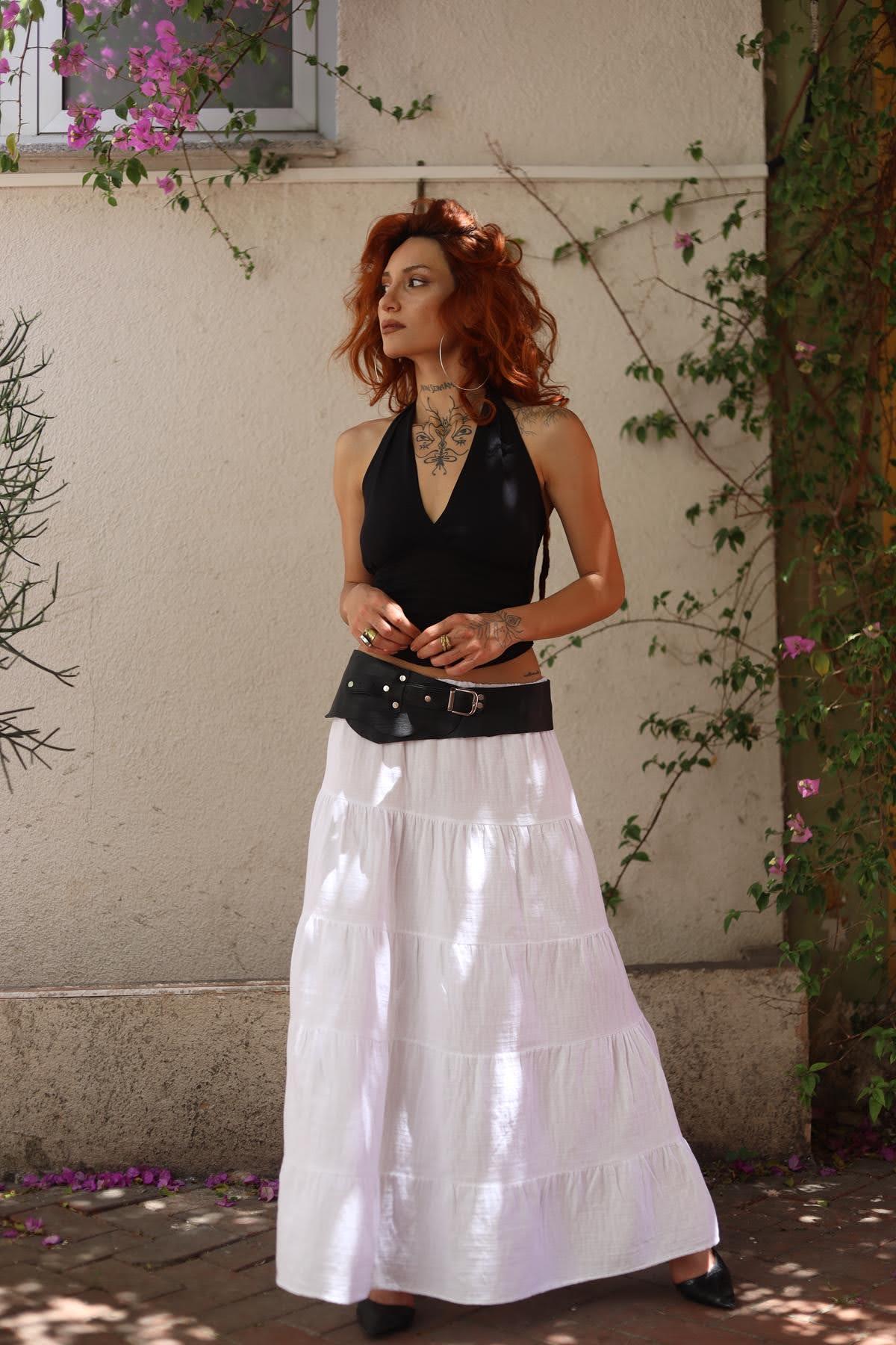 White Layered Stitched Muslin Skirt
