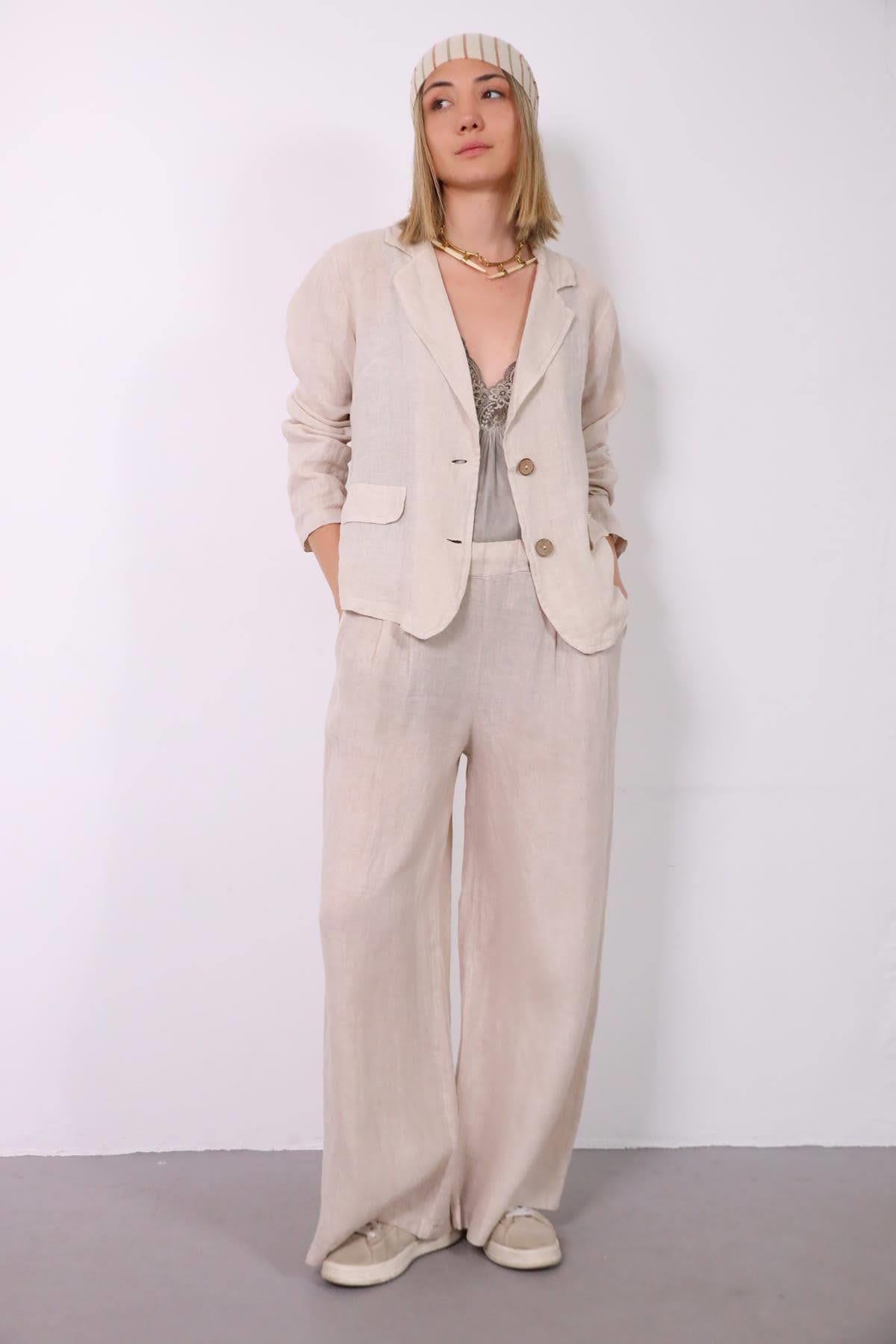  Krem Rengi Beli Pileli Pantolon Ceket Takım