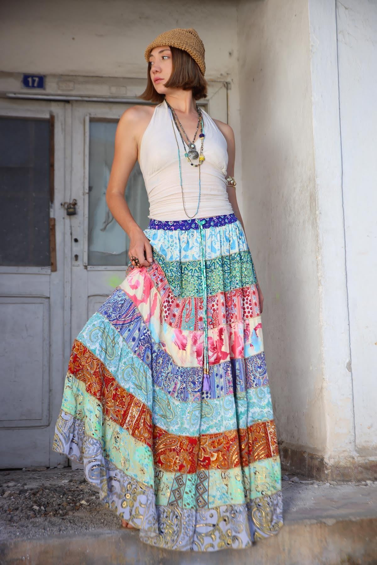 Renkli Patchwork Otantik İpek Etek - Şaman Butik Renkli Patchwork Otantik İpek Etek