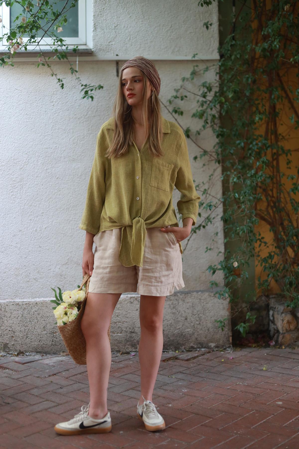 Pistachio Green Pocket Detailed Linen Shirt