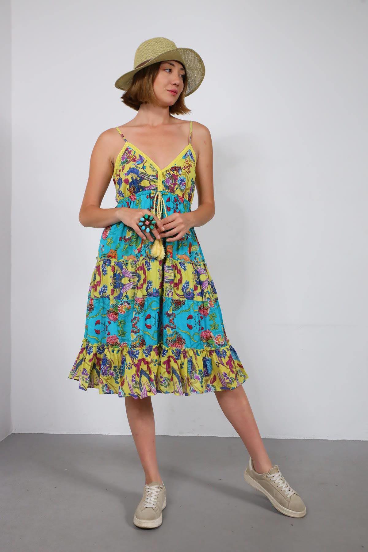 Turkuaz Güpür Detaylı Askılı Otantik Elbise - Şaman Butik Turkuaz Güpür Detaylı Askılı Otantik Elbise