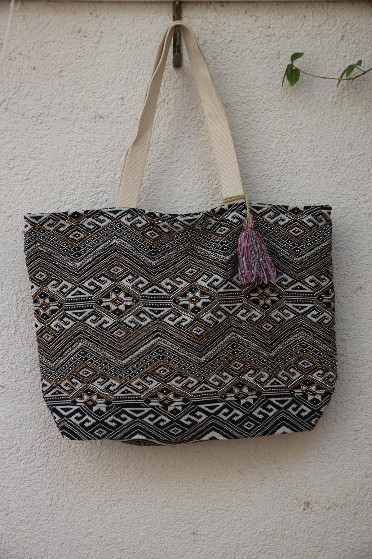 Black Patterned Beaded Authentic Bag
