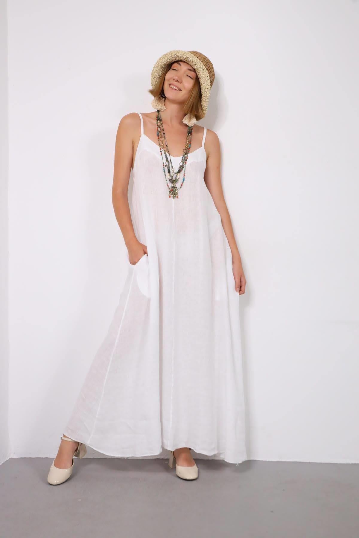 Beyaz Sırtı Gipeli Ayarlanabilir Askılı Keten Elbise - Şaman Butik Beyaz Sırtı Gipeli Ayarlanabilir Askılı Keten Elbise