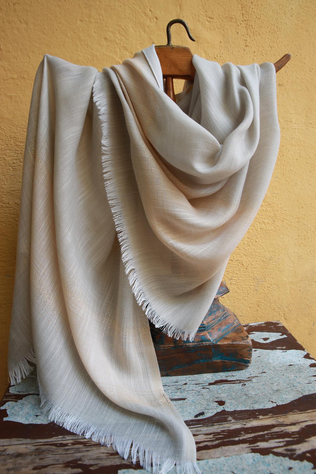 Açık Gri Şerit Sim Detaylı İpekli Pamuk Şal