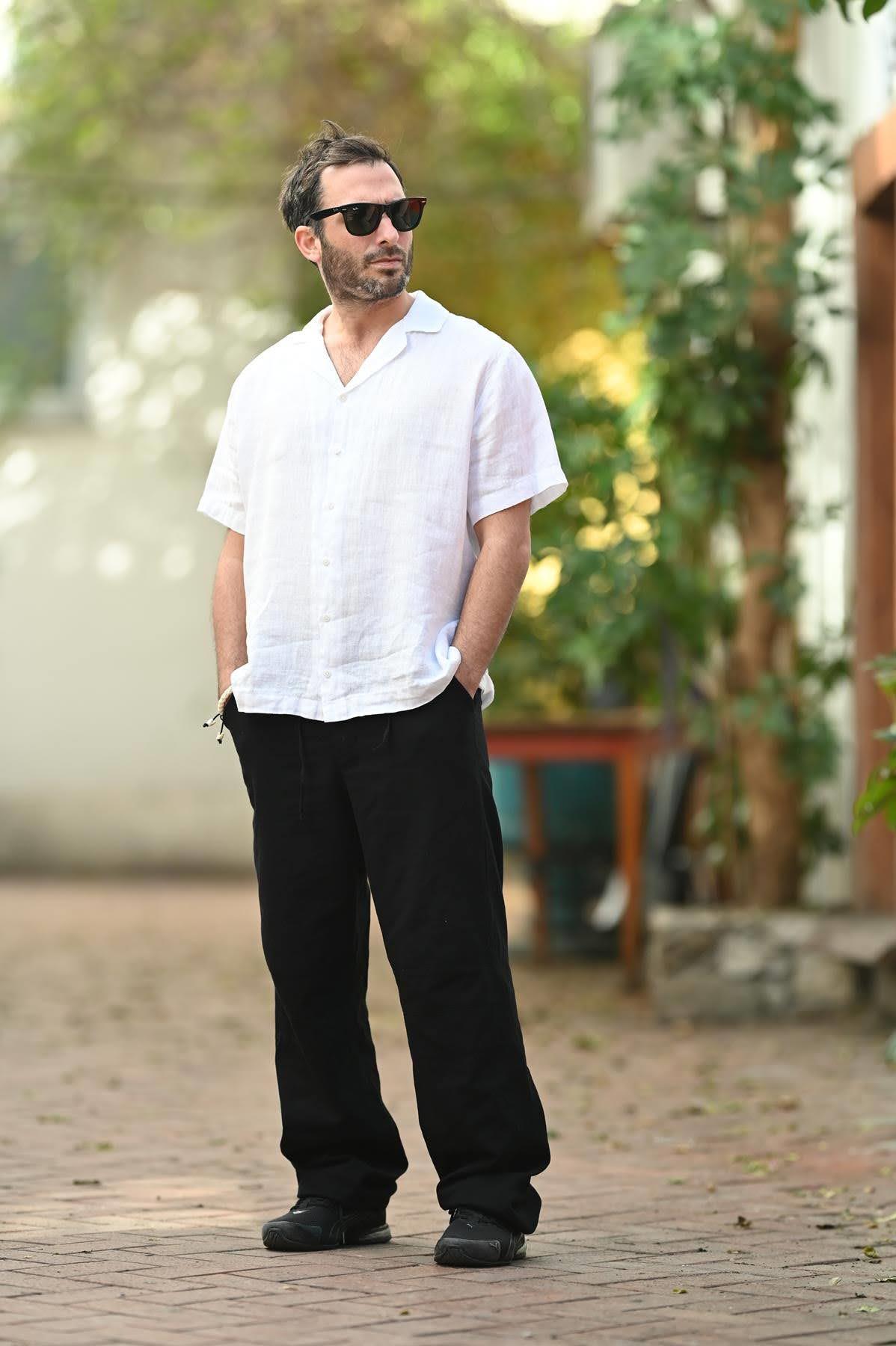 White Short Sleeve Linen Men's Shirt