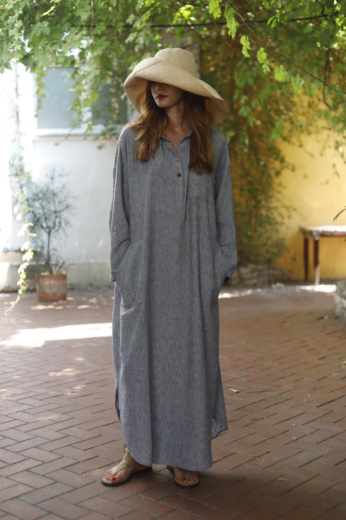 Gri Gömlek Yaka Salaş Keten Elbise