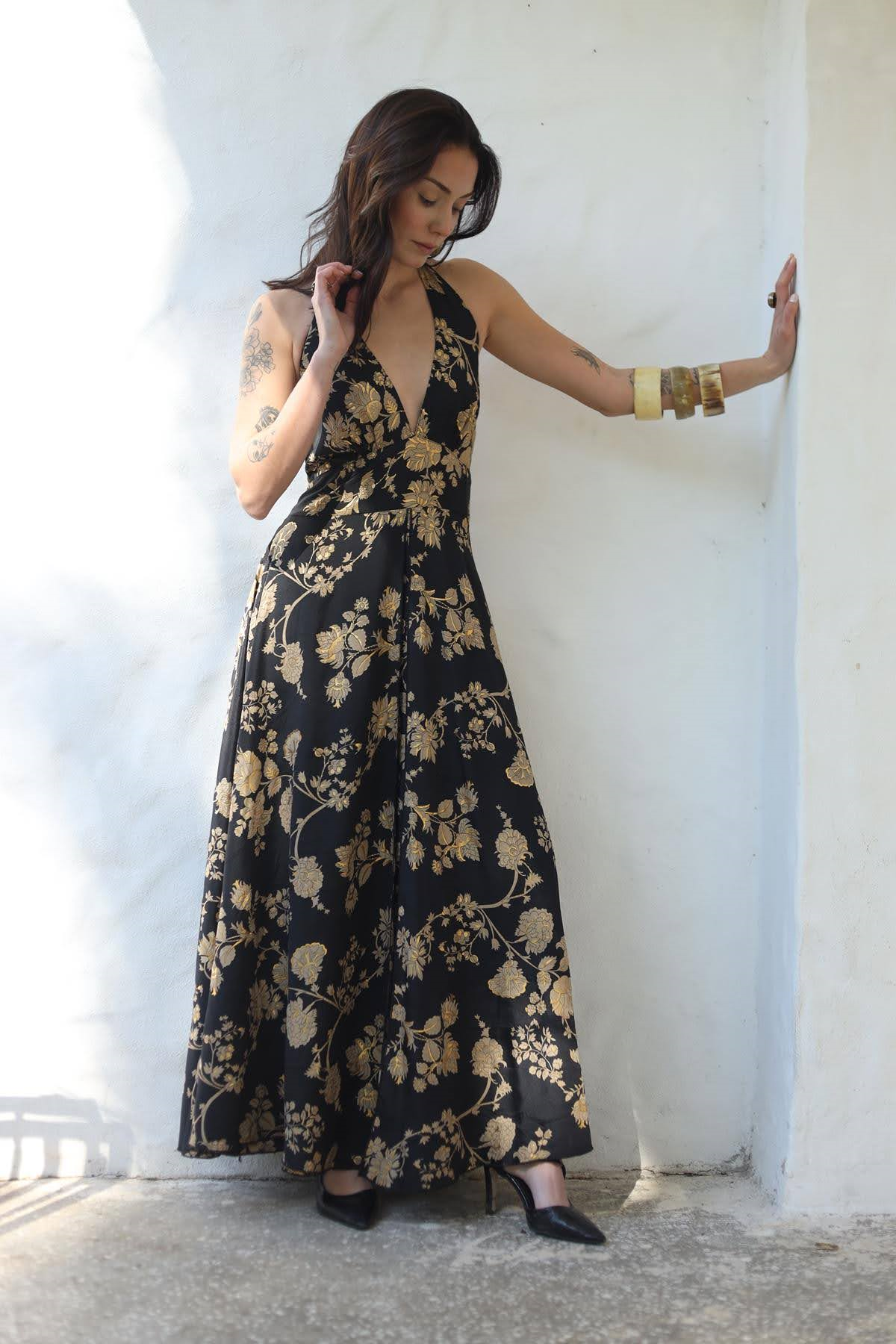 Black Deep V Neck Tie Neck Silk Dress
