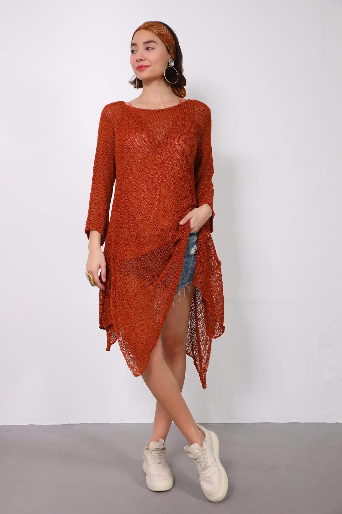 Kiremit Rengi Salaş Asimetrik Kesim Merserize Bluz - Şaman Butik Kiremit Rengi Salaş Asimetrik Kesim Merserize Bluz