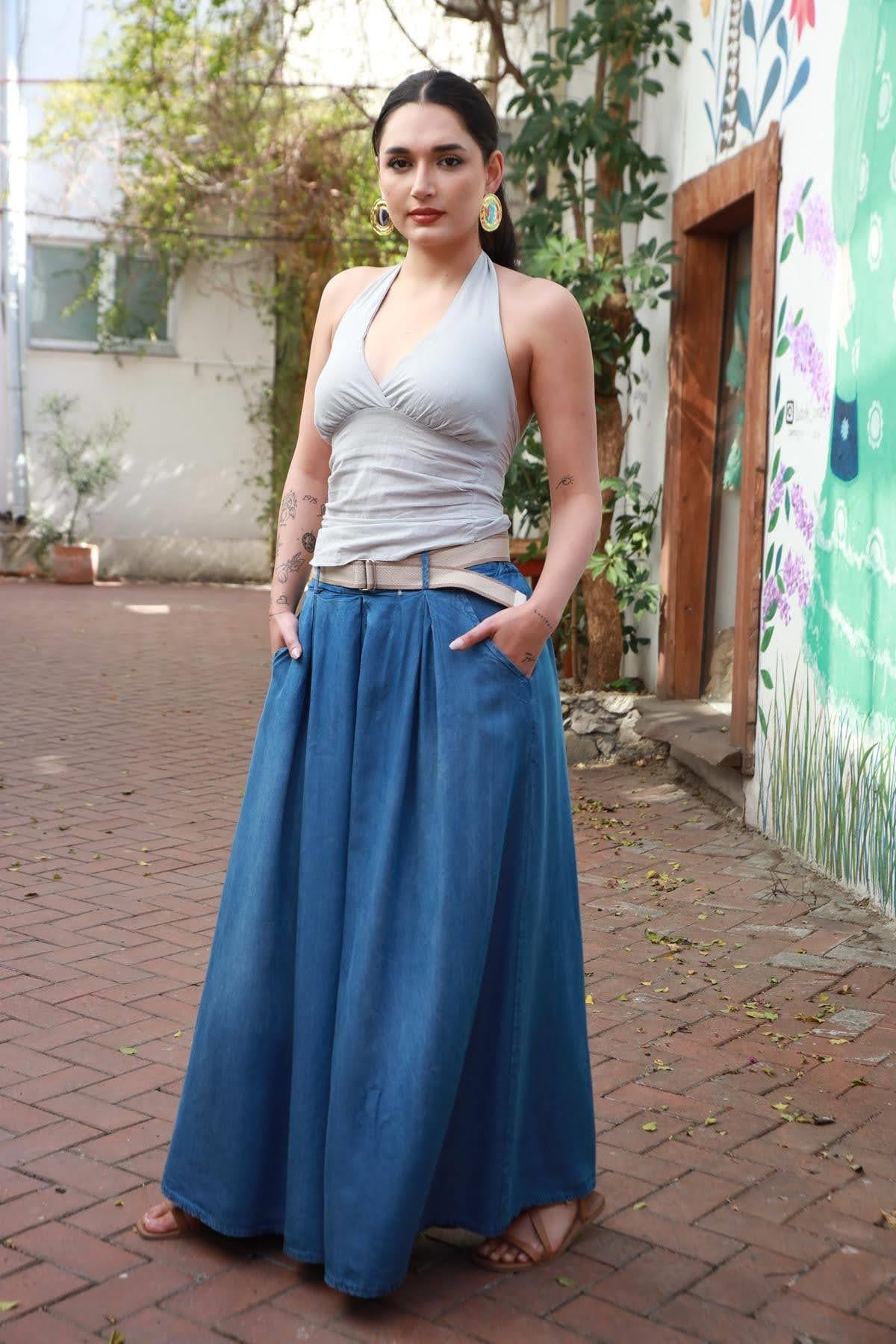 Lacivert Arkası Lastikli Beli Pileli Tensel Kot Pantolon