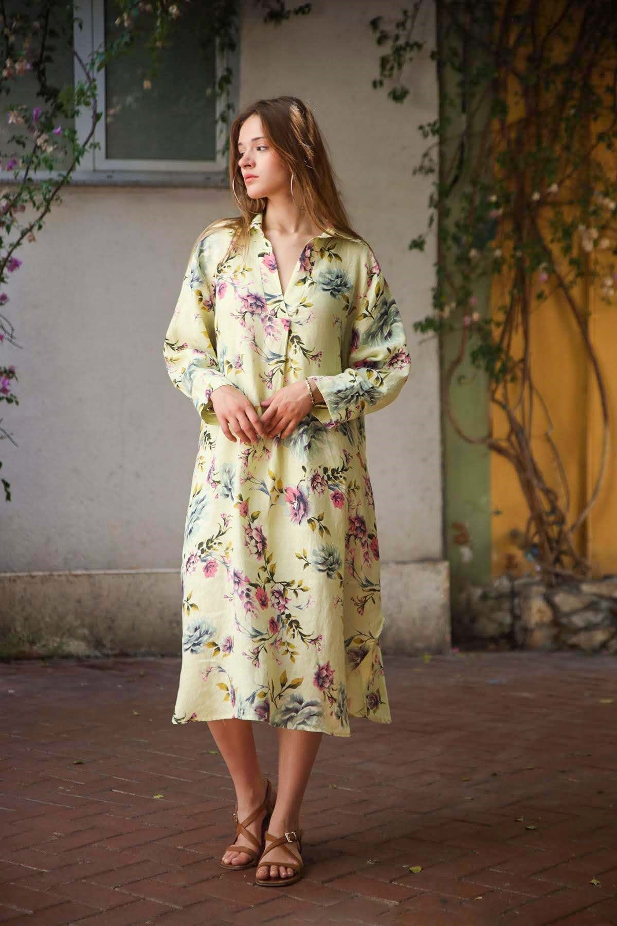 Butter Yellow Çiçek Desenli Manşetli Keten Elbise