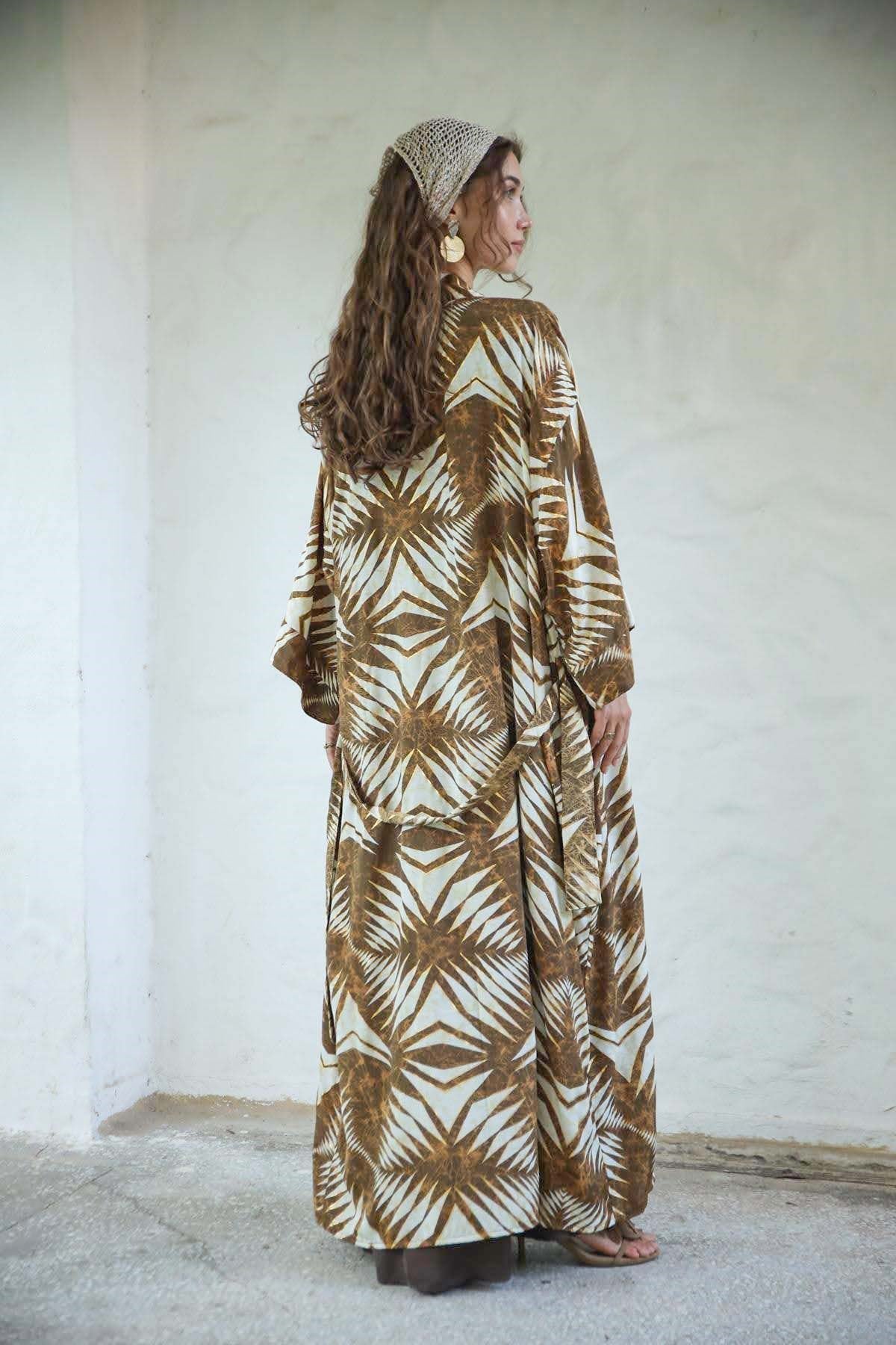 Vizon Rengi Desenli Gold Detaylı Kaftan