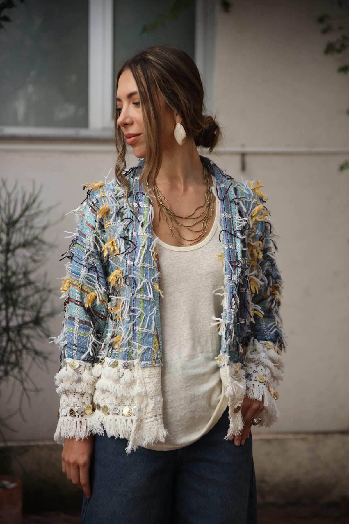 İndigo Mavi Para Detaylı Kilim Dokuma Ceket