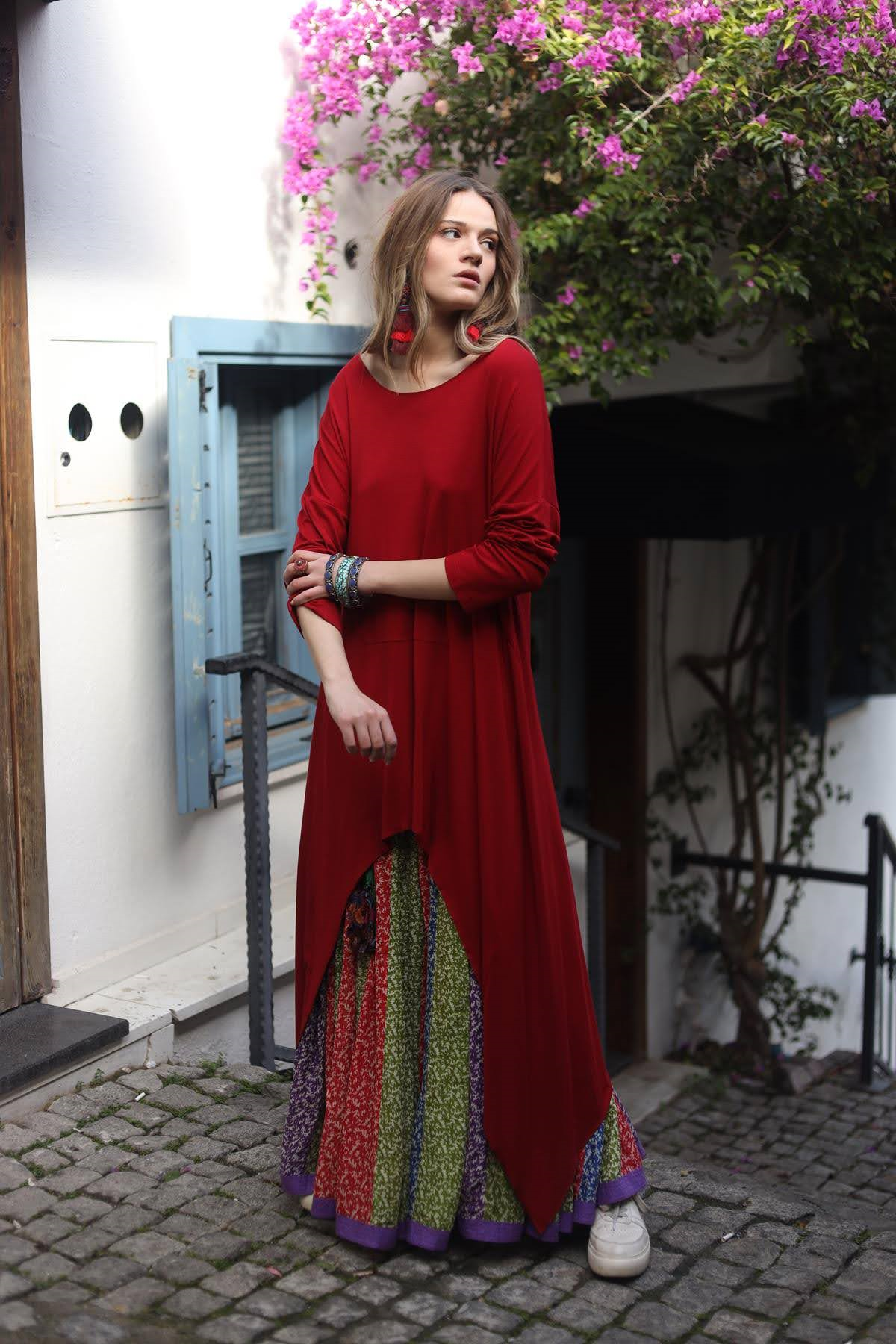 Bordo Önü Kısa Arkası Uzun Tunik