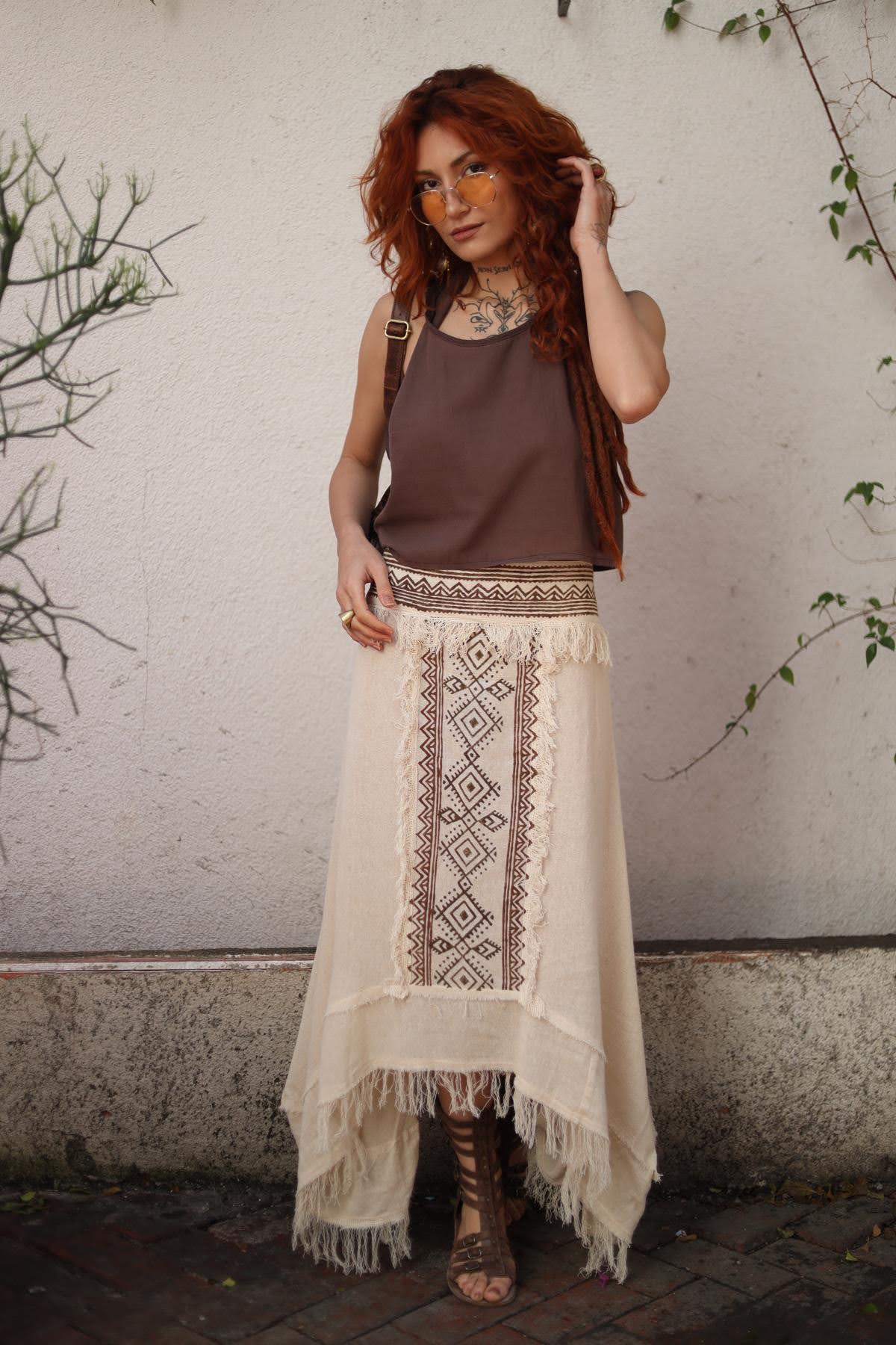 Cream Color Ethnic Patterned Tassel Authentic Skirt