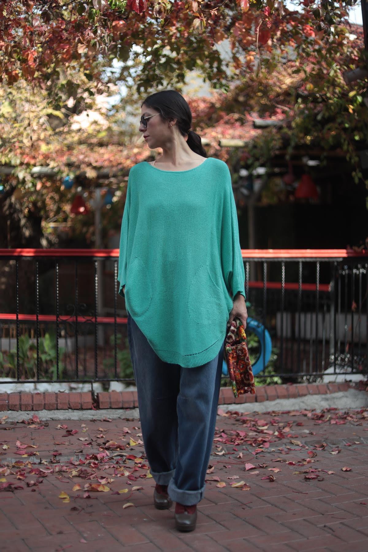 Mint Yeşili Oval Kesim Cepli Triko Tunik