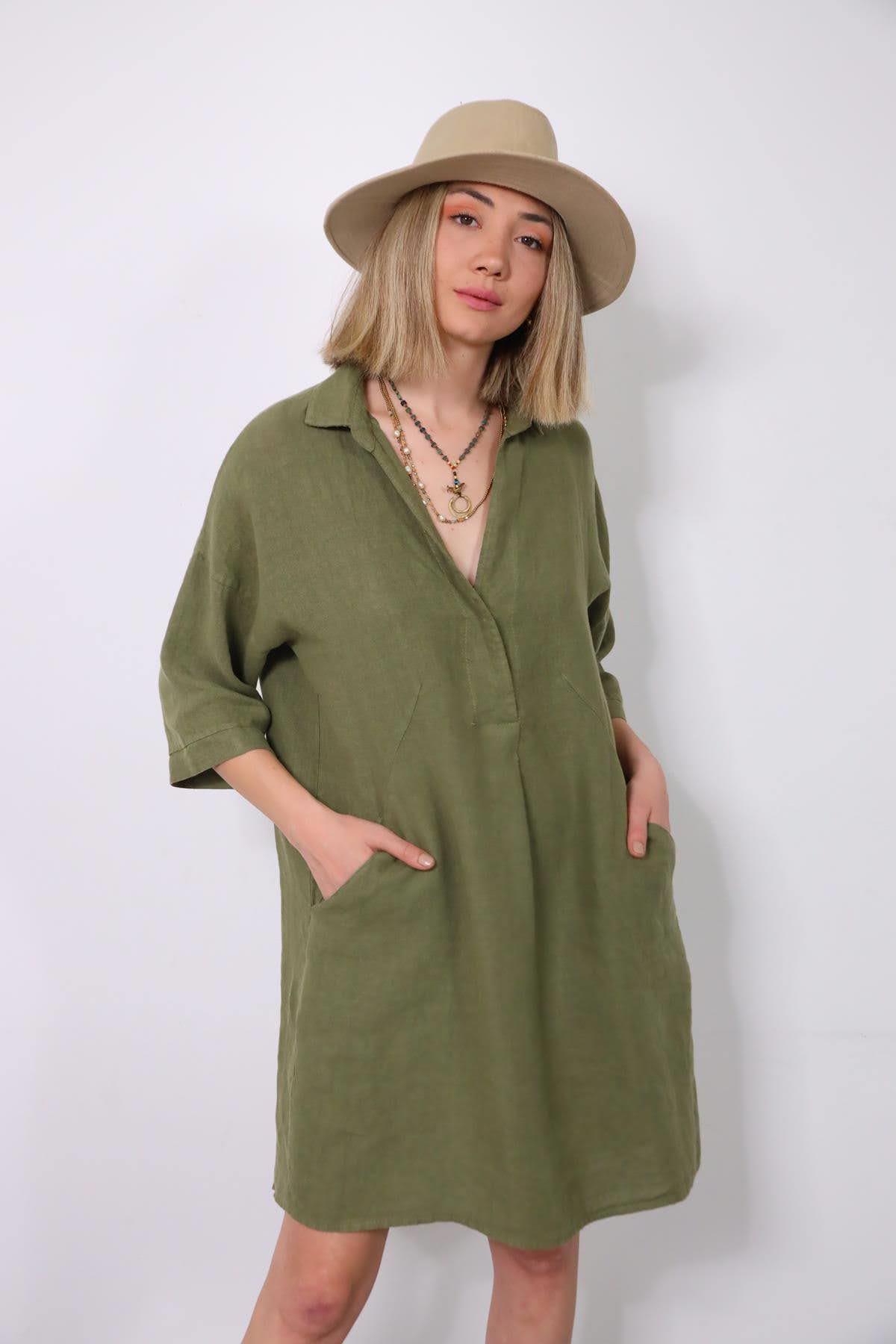 Haki Tek Düğmeli Önü Pileli Keten Elbise - Şaman Butik Haki Tek Düğmeli Önü Pileli Keten Elbise
