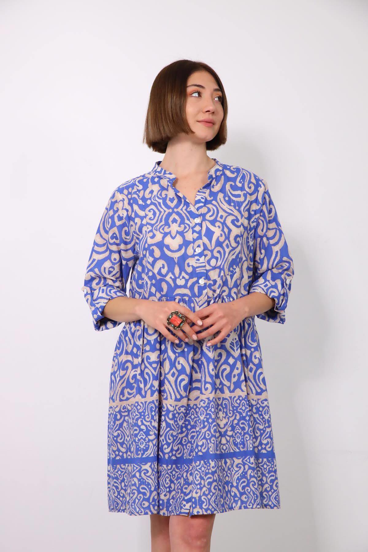 Mavi Otantik Desenli Hakim Yaka Kısa Gömlek Elbise - Şaman Butik Mavi Otantik Desenli Hakim Yaka Kısa Gömlek Elbise