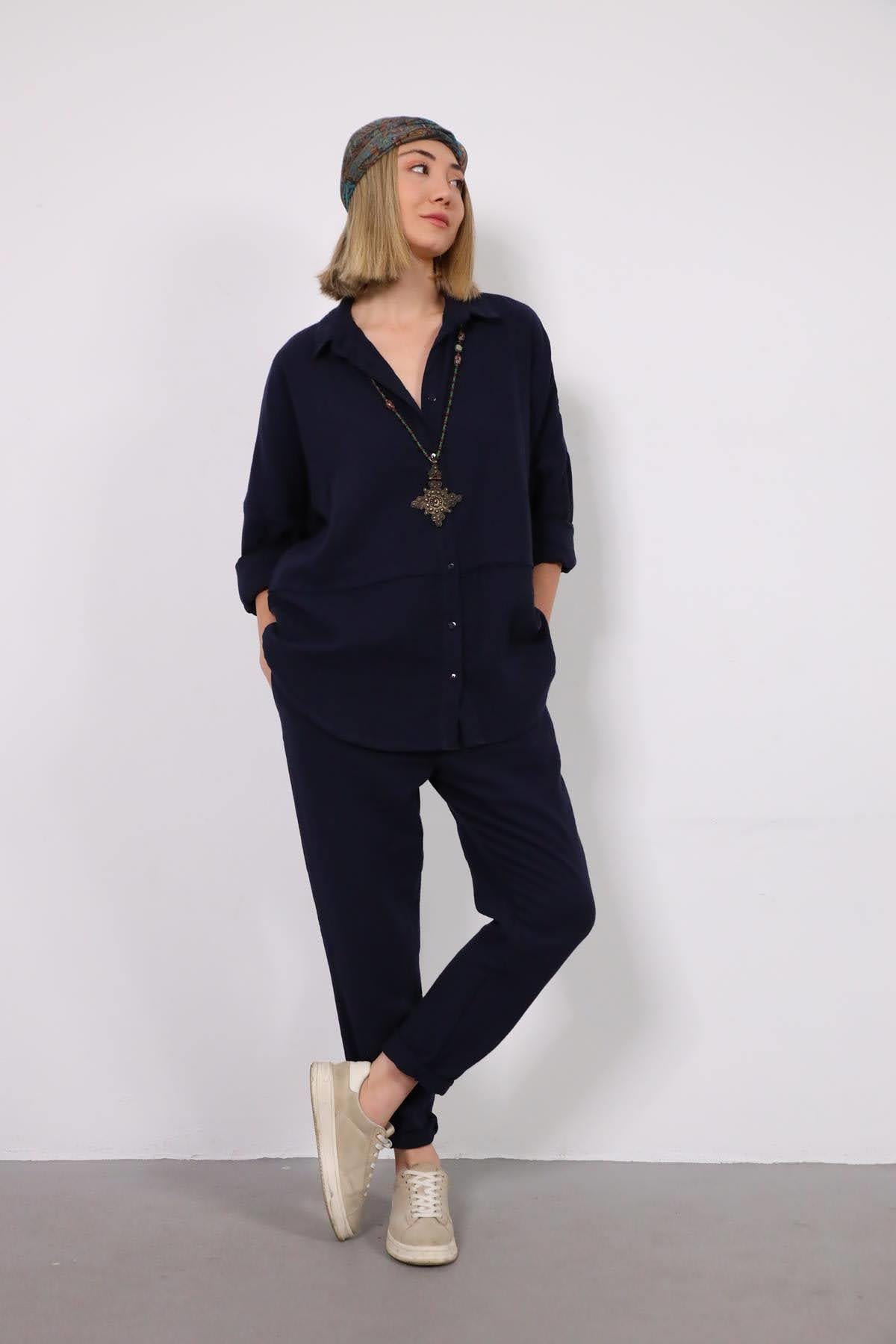 Navy Blue Shirt and Trousers Pair - Saman Butik | Shop Online Navy Blue Shirt and Trousers Pair