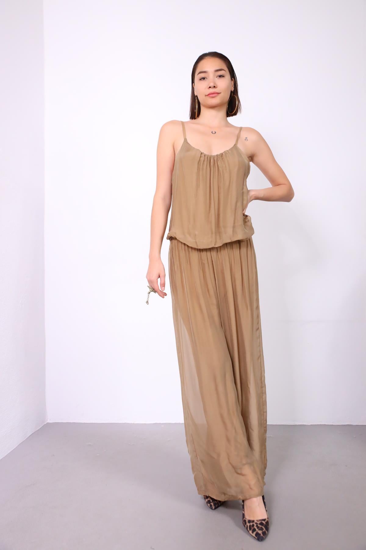 Camel Rengi İnce Askılı Katlı İpek Tulum - Şaman Butik Camel Rengi İnce Askılı Katlı İpek Tulum