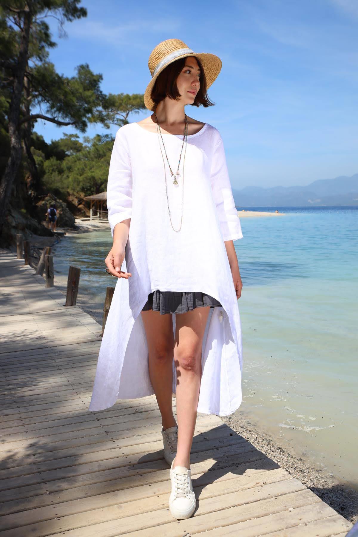 Beyaz Bisiklet Yaka Arkası Uzun Keten Tunik - Şaman Butik Beyaz Bisiklet Yaka Arkası Uzun Keten Tunik