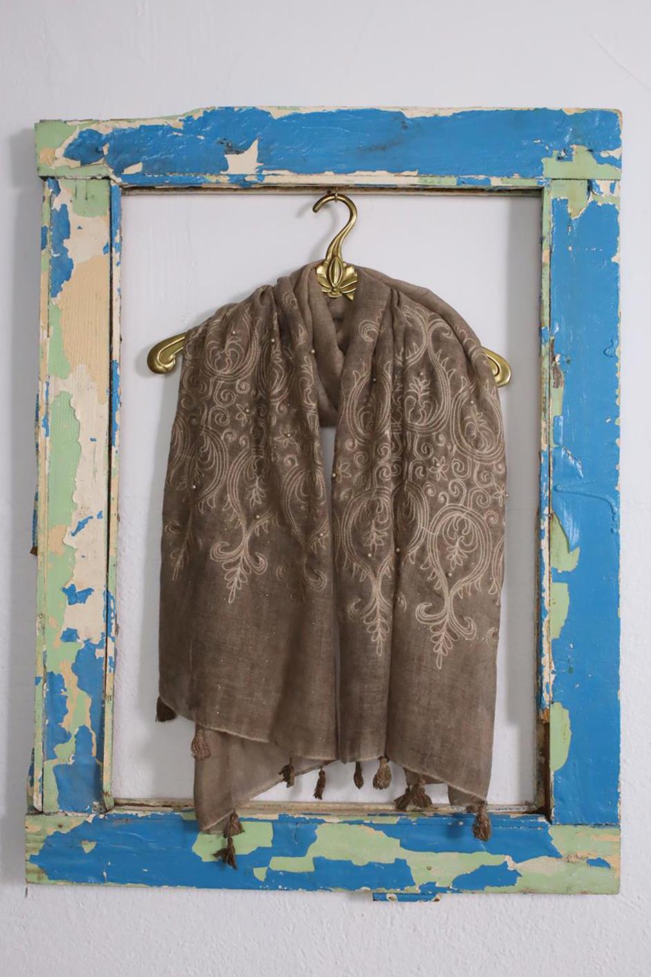 Bronz Rengi Simli İnci İşlemeli Şal - Şaman Butik Bronz Rengi Simli İnci İşlemeli Şal