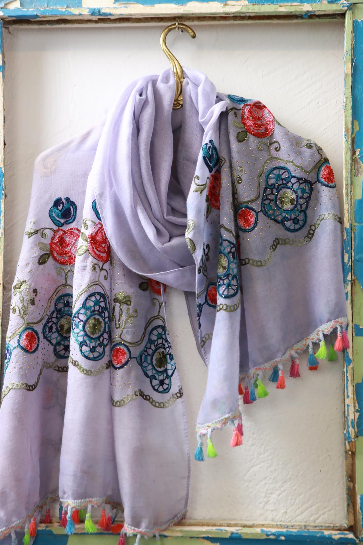 Lila İşlemeli Boncuklu Şal