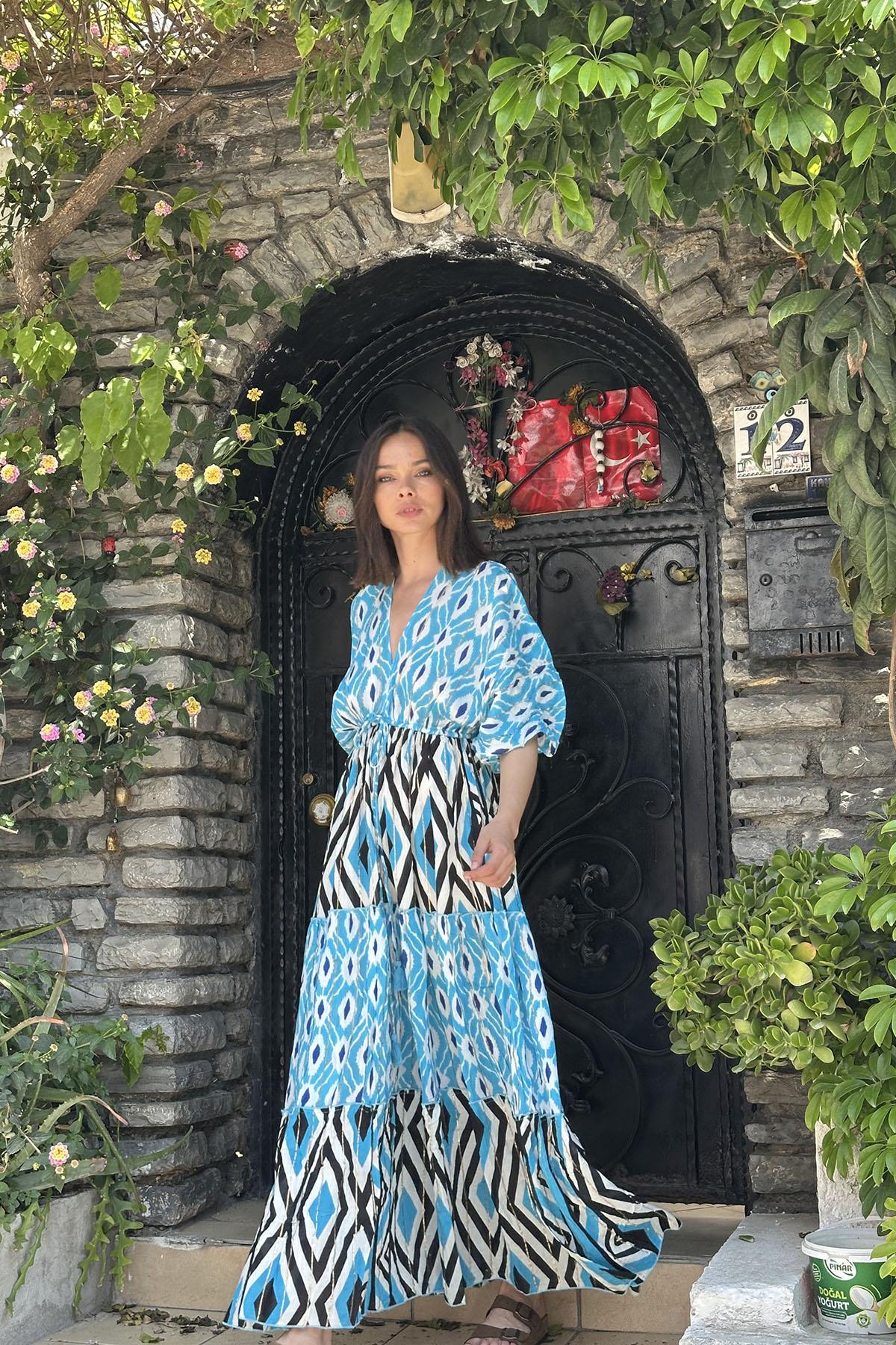 Turquoise Patterned V Neck Dress