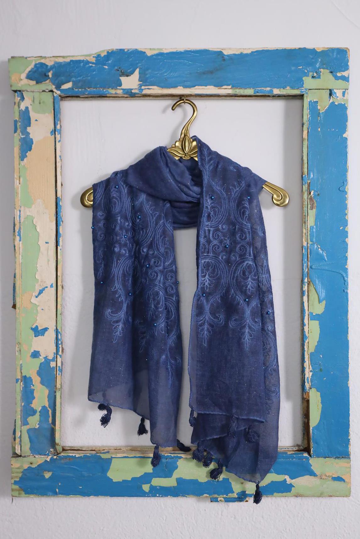 İndigo Mavisi Simli İnci İşlemeli Şal - Şaman Butik İndigo Mavisi Simli İnci İşlemeli Şal