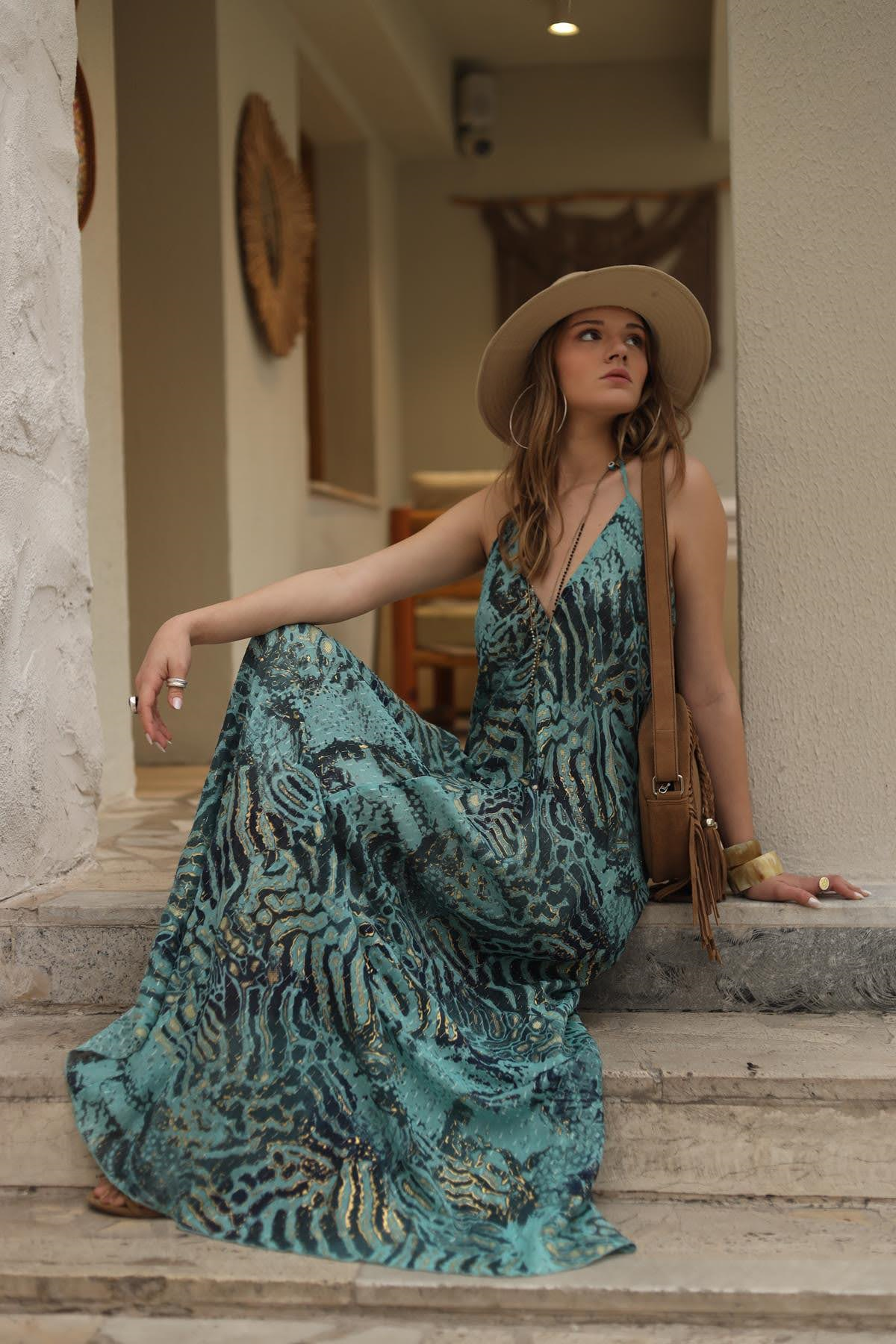 Turkuaz Desenli Pamuklu Otantik Elbise