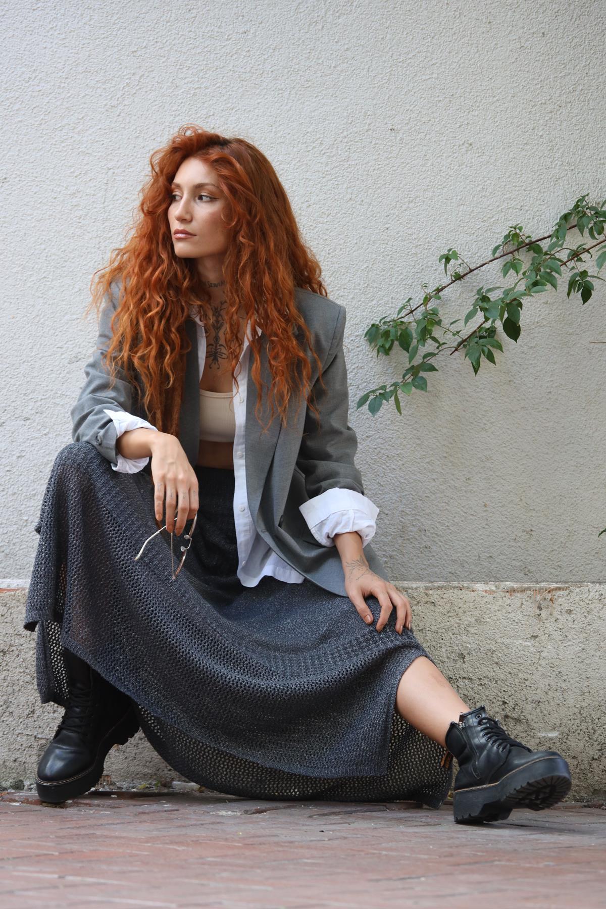 Antrasit File Detay Yırtmaçlı Örme Etek